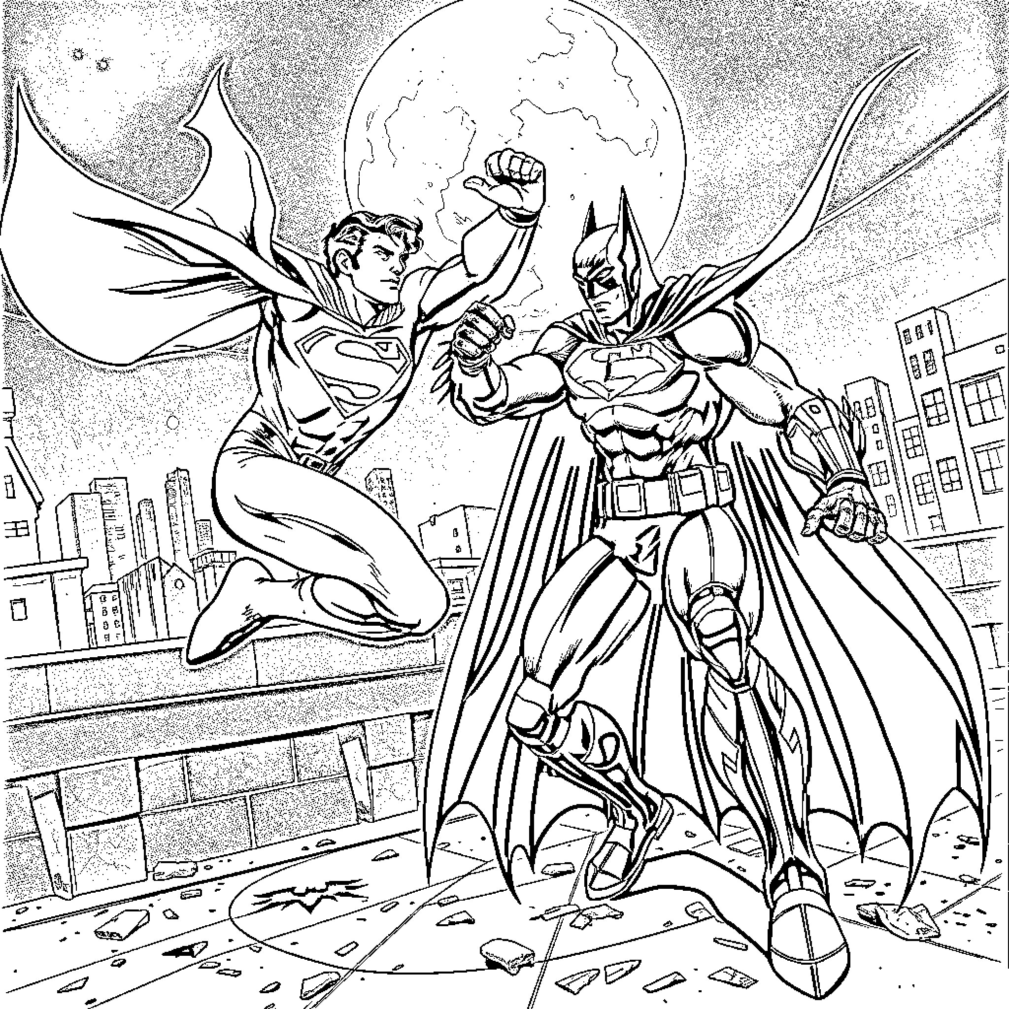 Superman and Batman fighting in the city Coloring Page (free black-and-white line drawing printable PDF for all, from beginners to advanced learners, including children, teens, adults, and seniors)