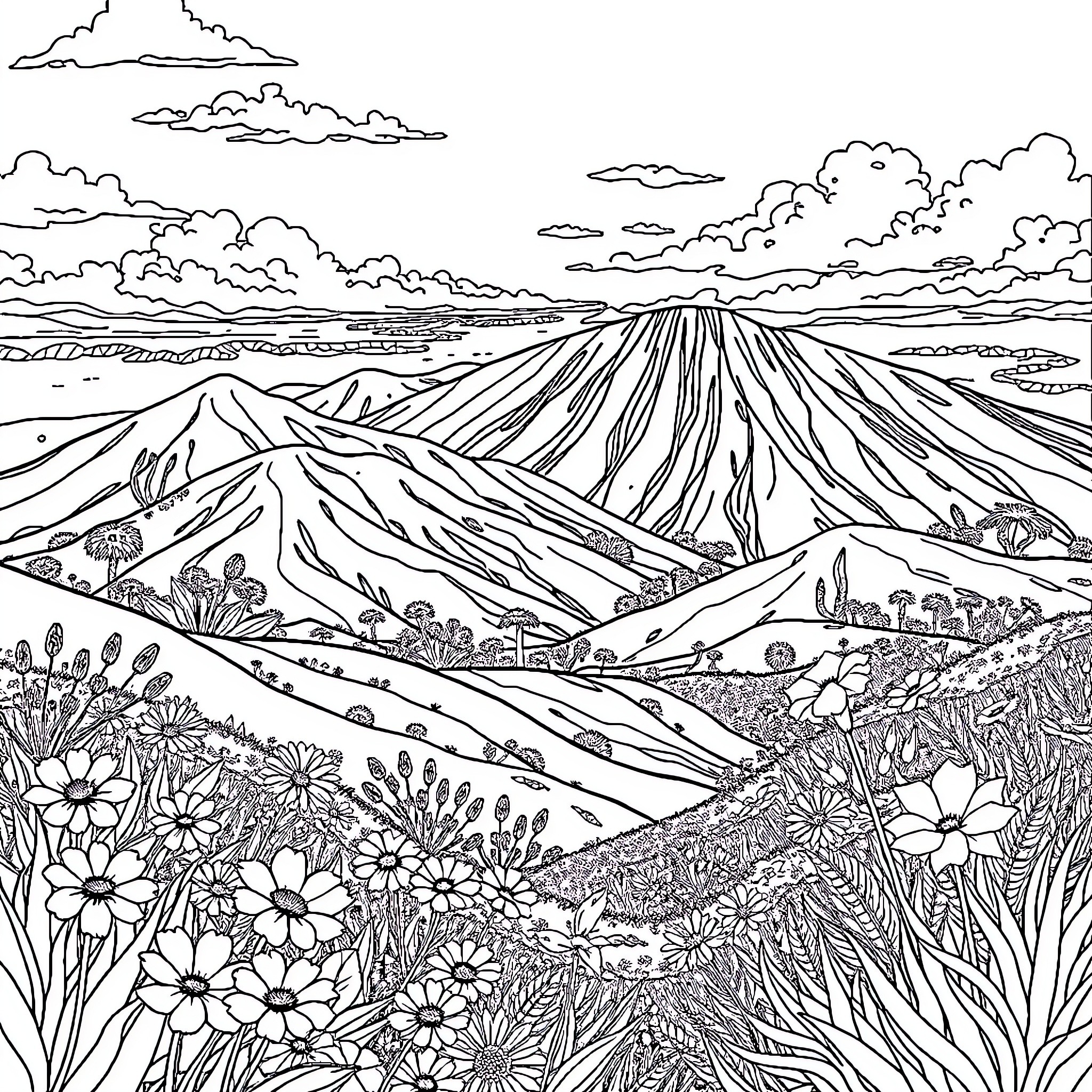 Madagascar's Magnificent Mountainous Landscape Coloring Page (free black-and-white line drawing printable PDF for all, from beginners to advanced learners, including children, teens, adults, and seniors)