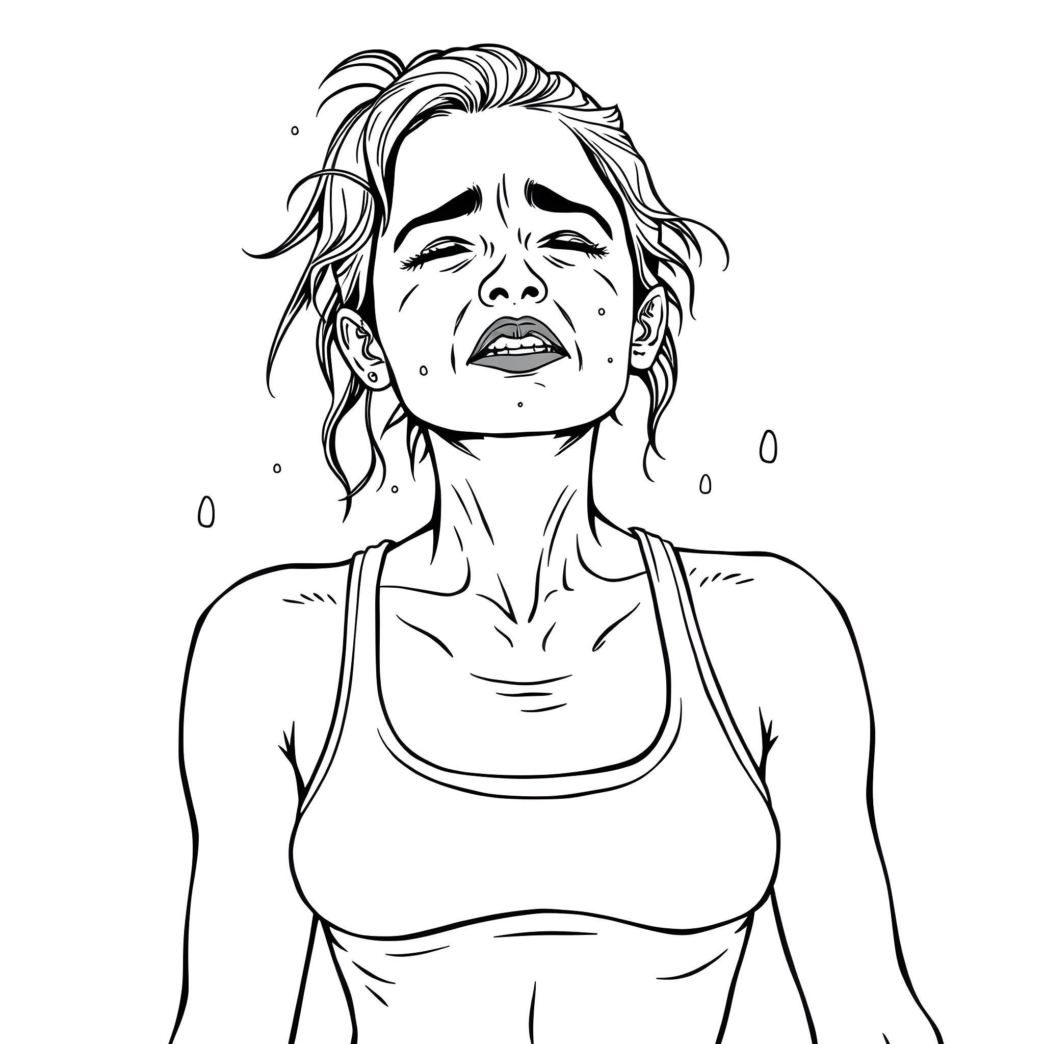 Woman expressing intense emotion Coloring Page (free black-and-white line drawing printable PDF for all, from beginners to advanced learners, including children, teens, adults, and seniors)