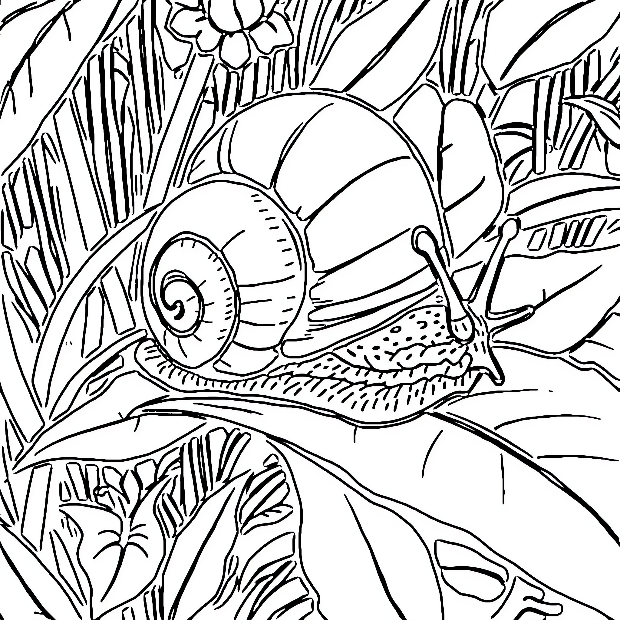 Escargot in a lush garden Coloring Page (free black-and-white line drawing printable PDF for all, from beginners to advanced learners, including children, teens, adults, and seniors)