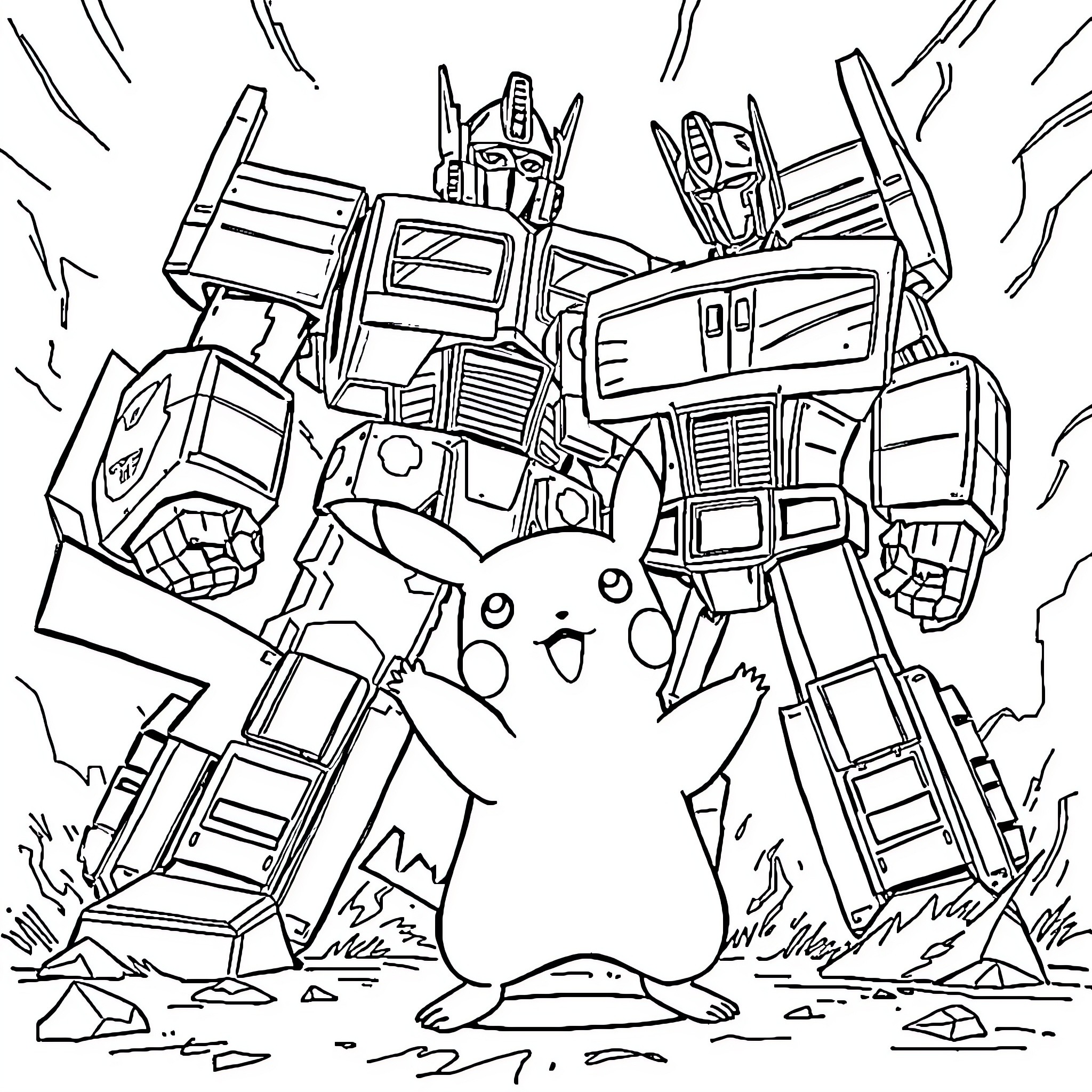 Pikachu battles alongside a giant robot Coloring Page (free black-and-white line drawing printable PDF for all, from beginners to advanced learners, including children, teens, adults, and seniors)