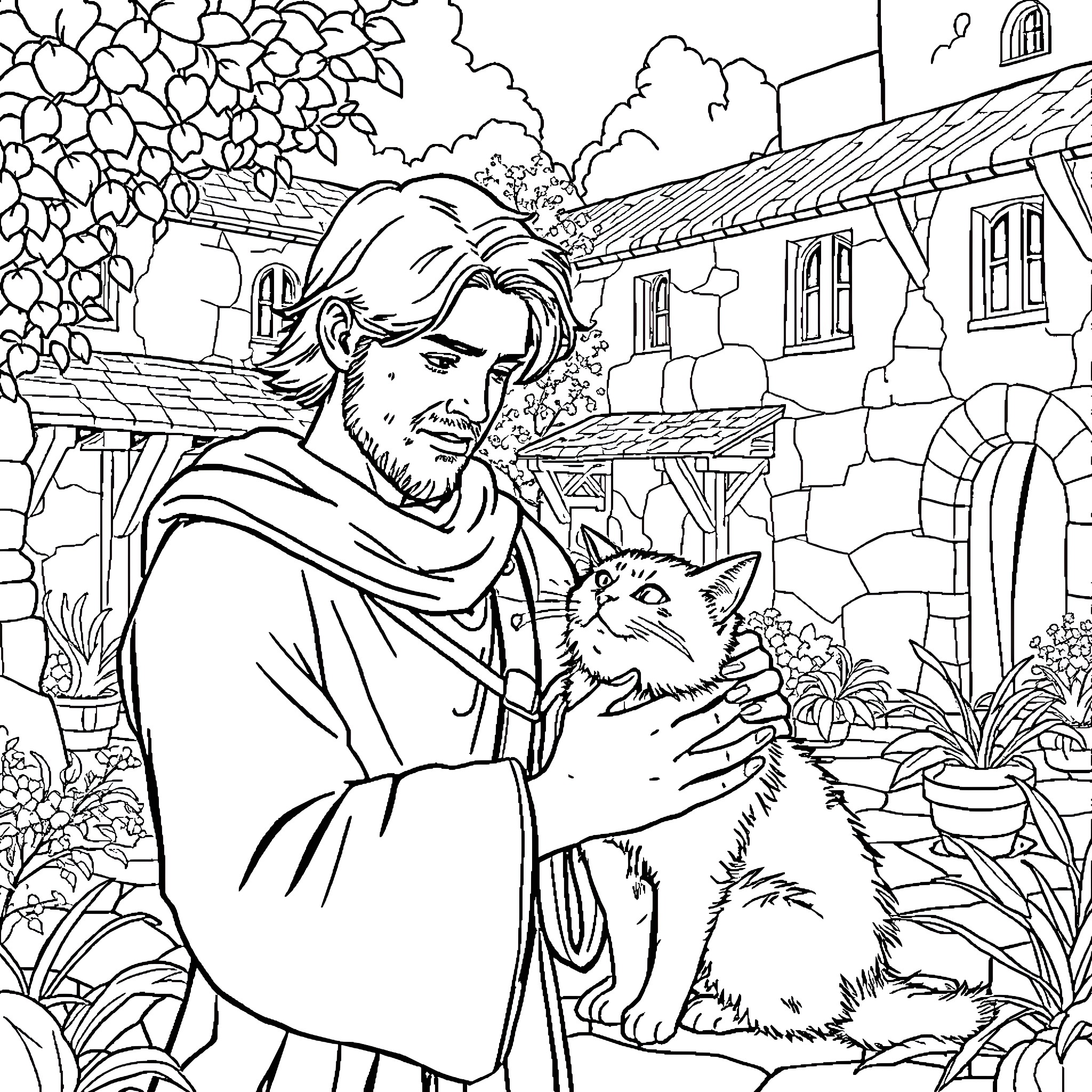 Henry's Peaceful Moment with Furry Friend Coloring Page (free black-and-white line drawing printable PDF for all, from beginners to advanced learners, including children, teens, adults, and seniors)