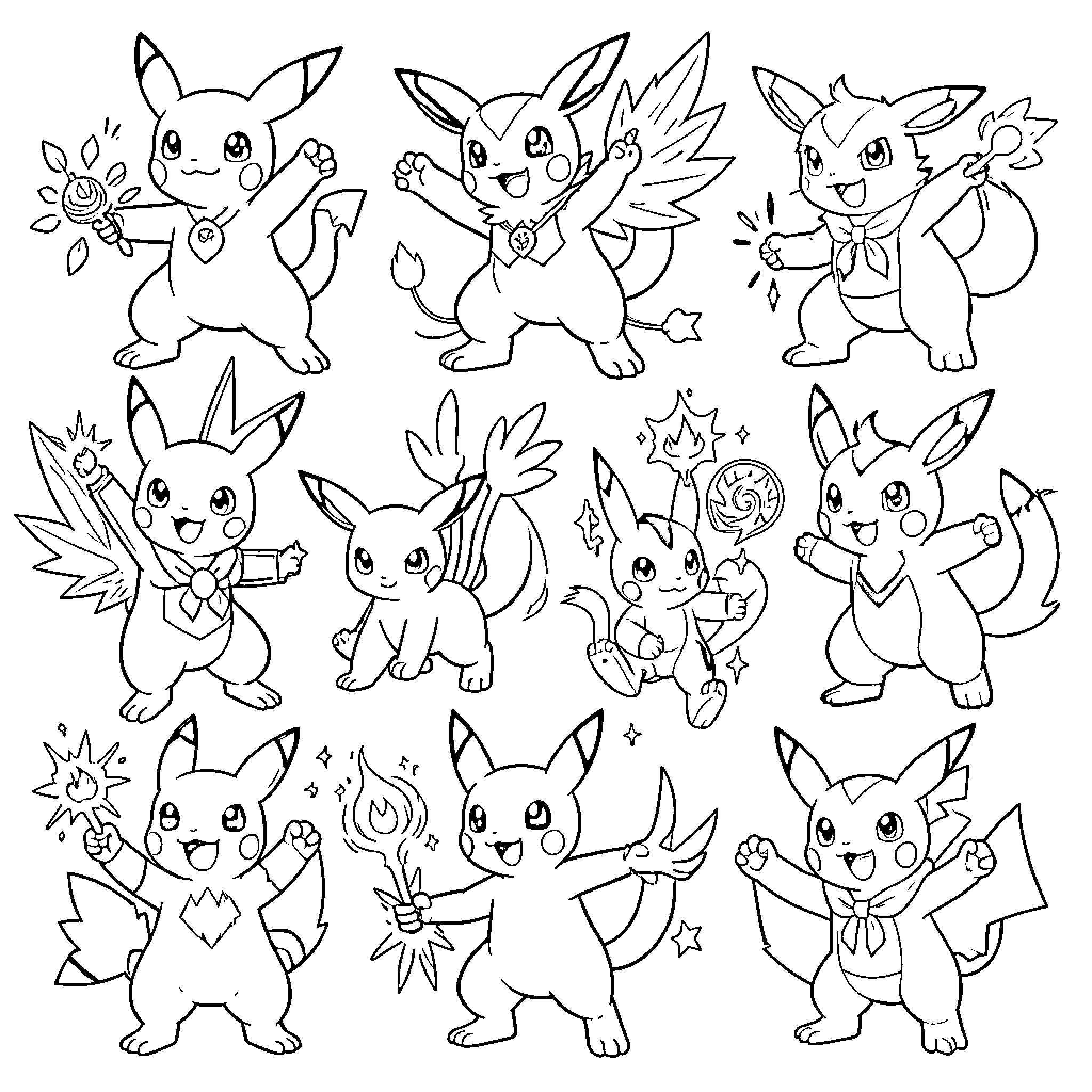 Pokémon characters in various poses and expressions Coloring Page (free black-and-white line drawing printable PDF for all, from beginners to advanced learners, including children, teens, adults, and seniors)