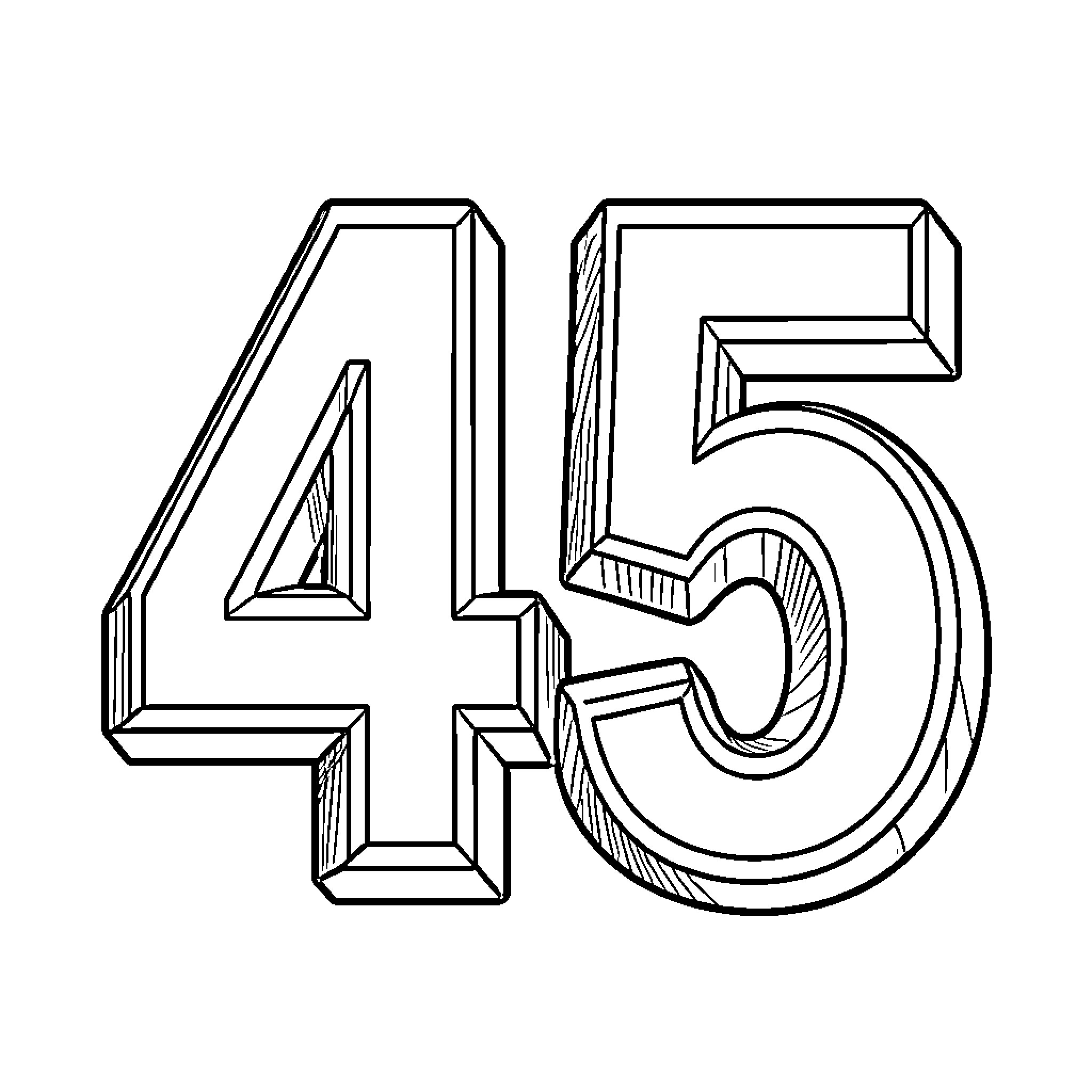 Number 45 in 3D-style Outline Coloring Page (free black-and-white line drawing printable PDF for all, from beginners to advanced learners, including children, teens, adults, and seniors)