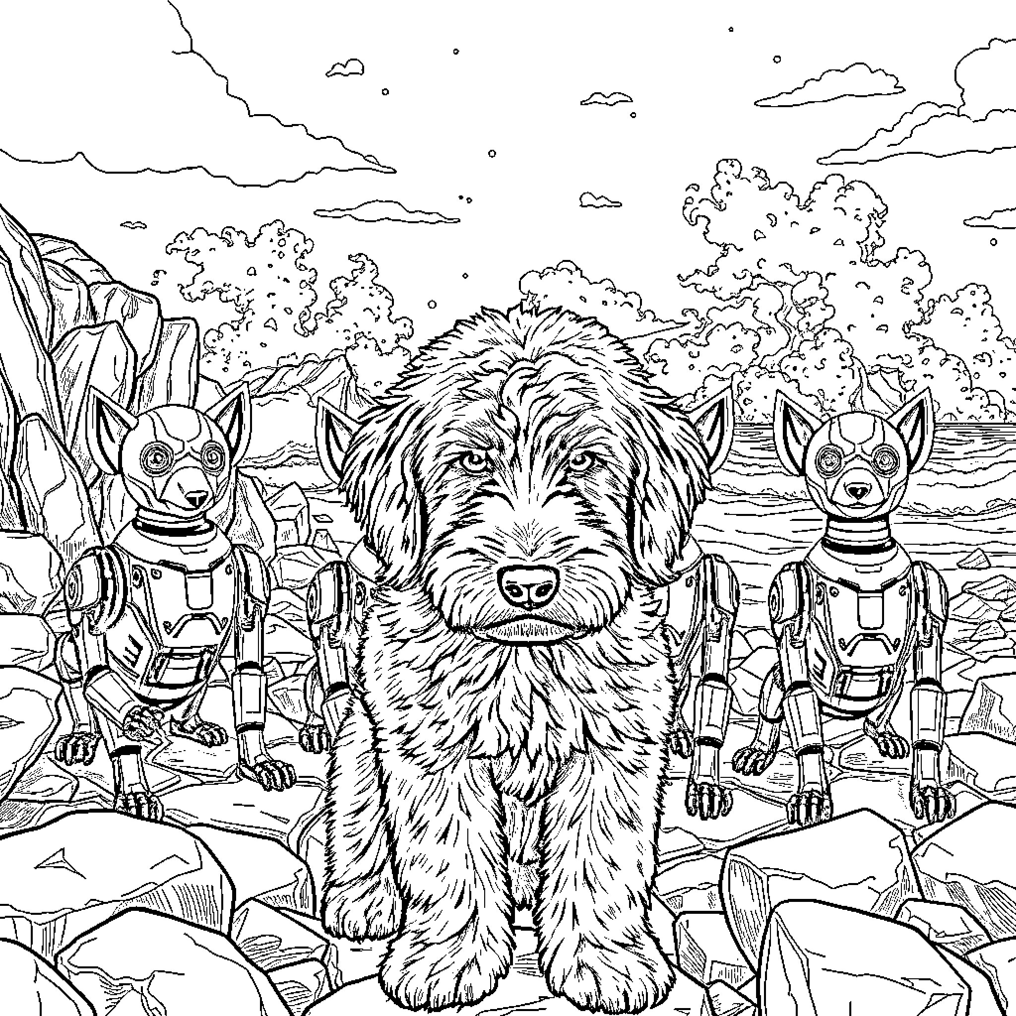 Labradoodle leading an army of robot dogs in the wilderness Coloring Page (free black-and-white line drawing printable PDF for all, from beginners to advanced learners, including children, teens, adults, and seniors)