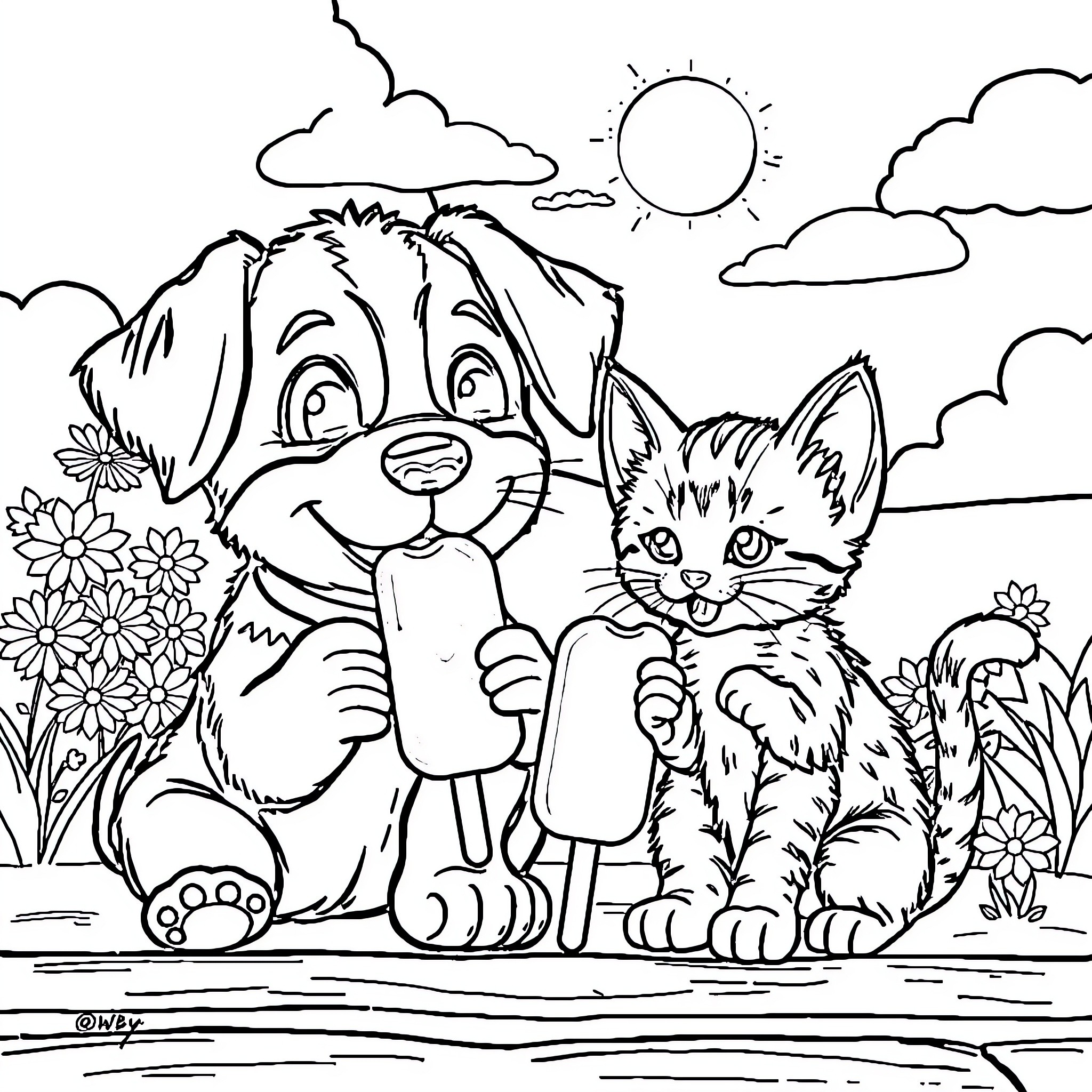 Puppy and kitten playing in the park Coloring Page (free black-and-white line drawing printable PDF for all, from beginners to advanced learners, including children, teens, adults, and seniors)
