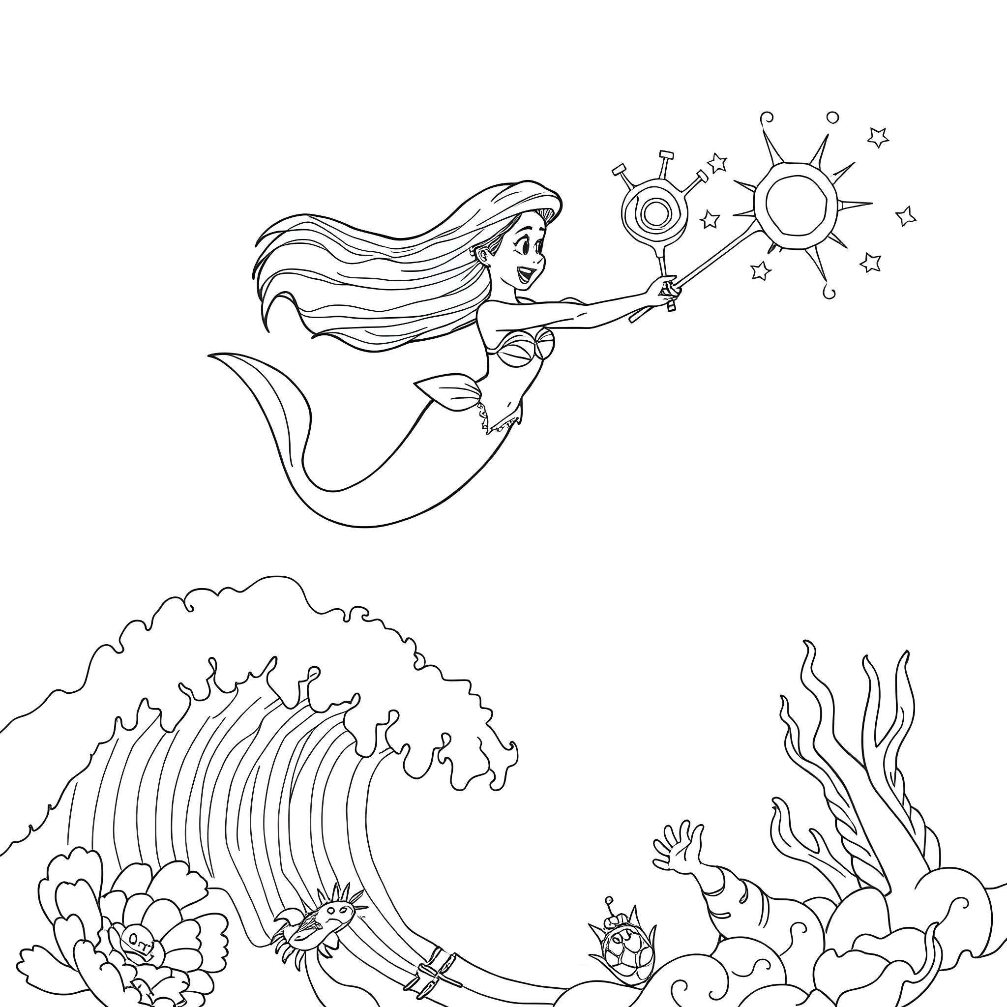 Ariel the mermaid enchanting the ocean with her magic Coloring Page (free black-and-white line drawing printable PDF for all, from beginners to advanced learners, including children, teens, adults, and seniors)