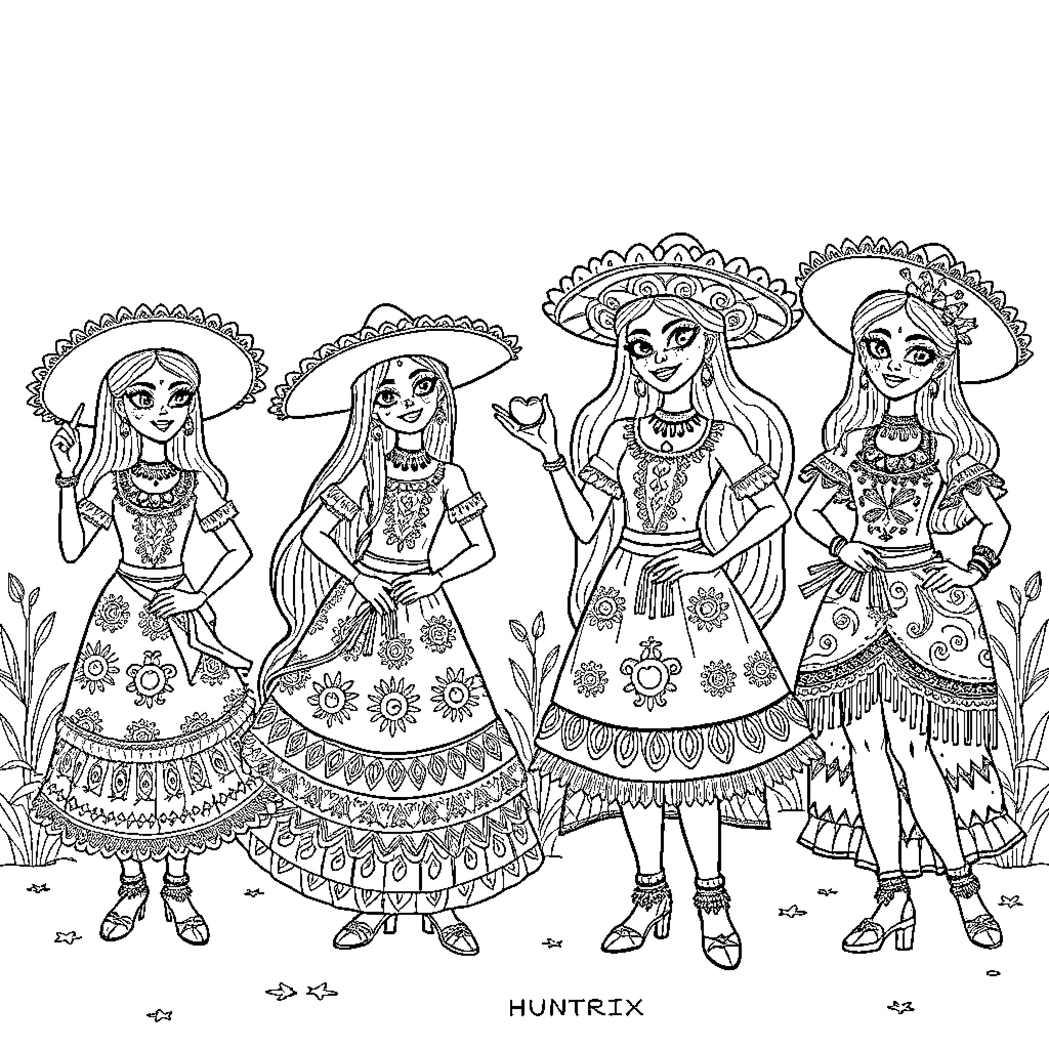 Huntrix: Festive Folkloric Figures Frolicking Coloring Page (free black-and-white line drawing printable PDF for all, from beginners to advanced learners, including children, teens, adults, and seniors)