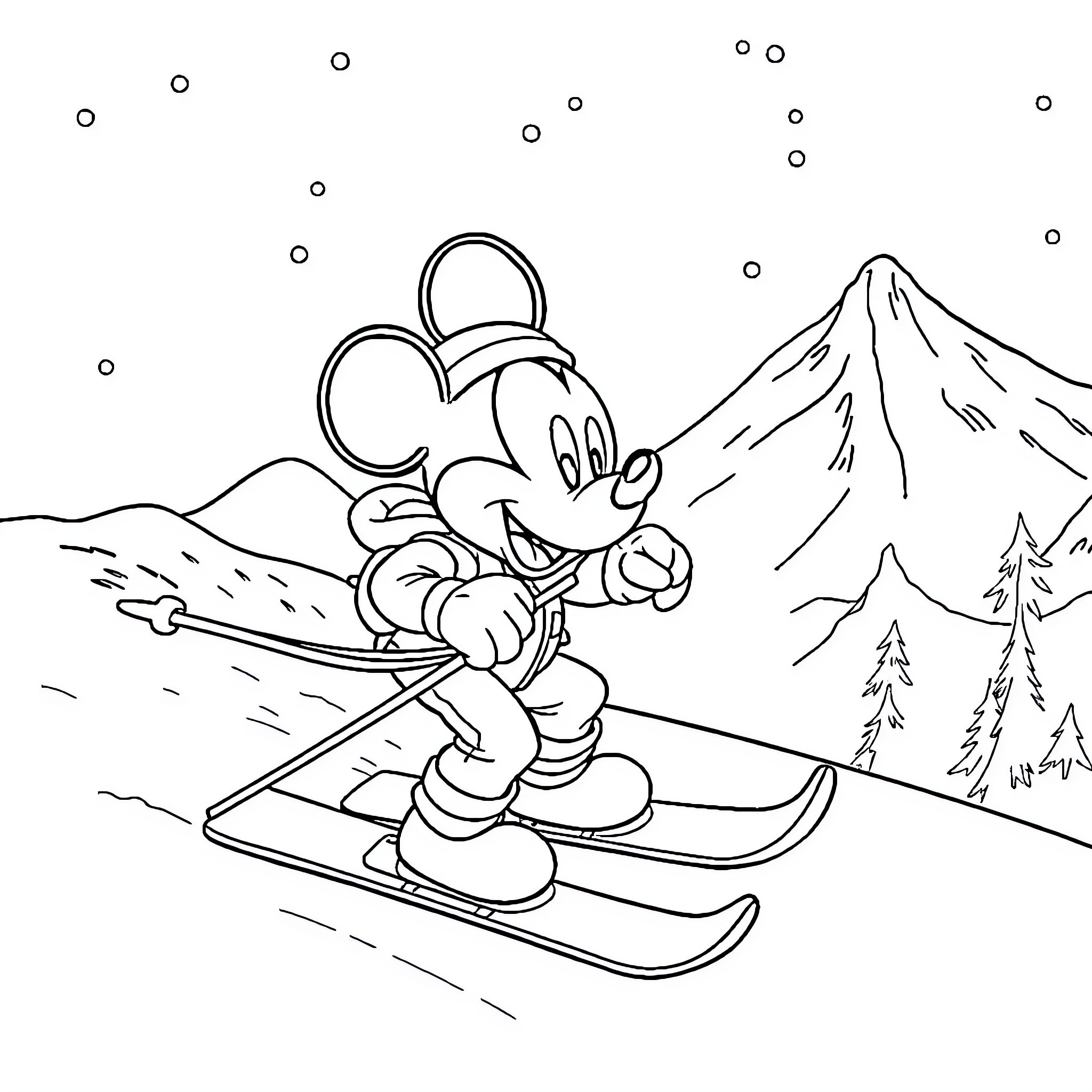 Mickey skiing down a snowy mountain Coloring Page (free black-and-white line drawing printable PDF for all, from beginners to advanced learners, including children, teens, adults, and seniors)