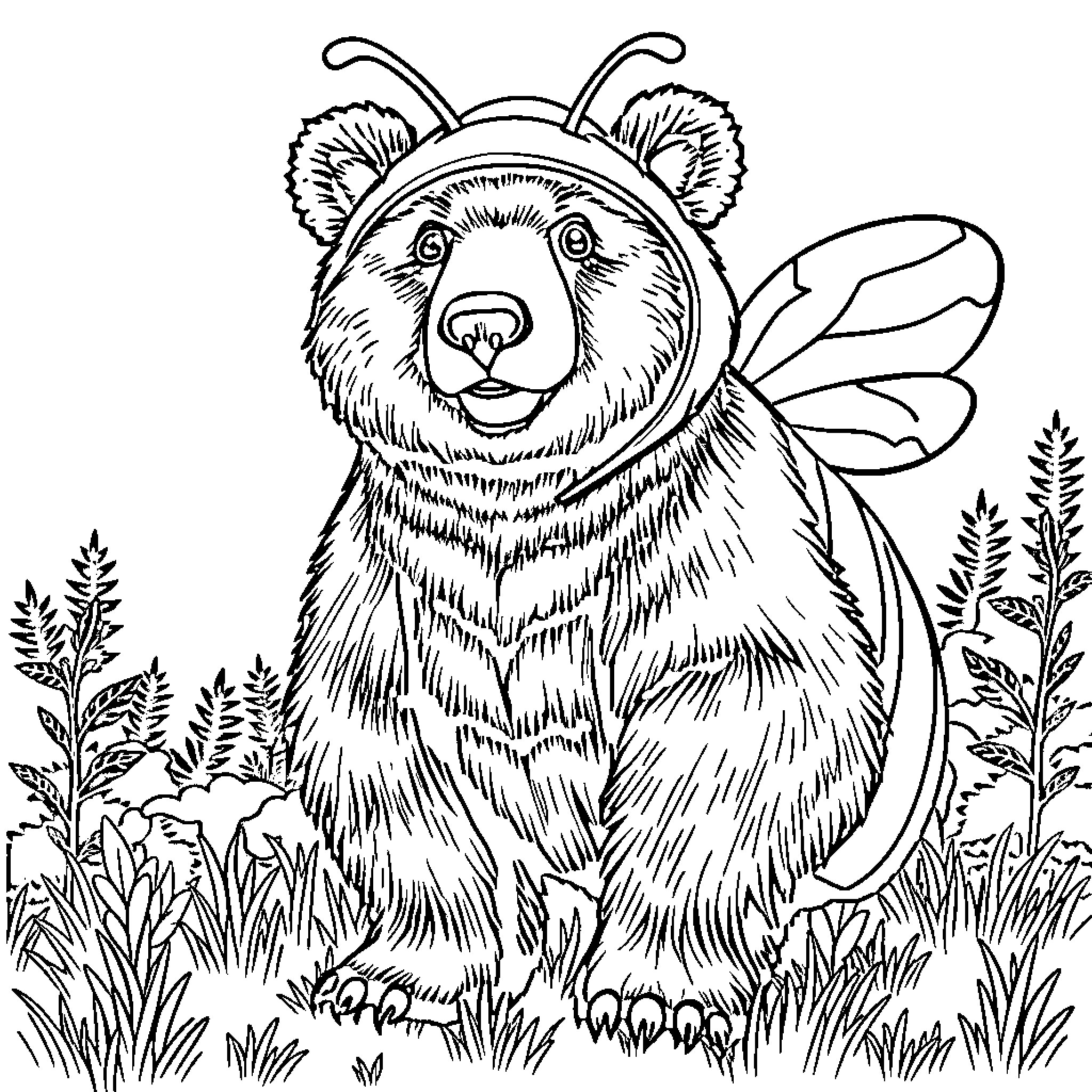 Bear dressed as a curious bee in a natural setting Coloring Page (free black-and-white line drawing printable PDF for all, from beginners to advanced learners, including children, teens, adults, and seniors)
