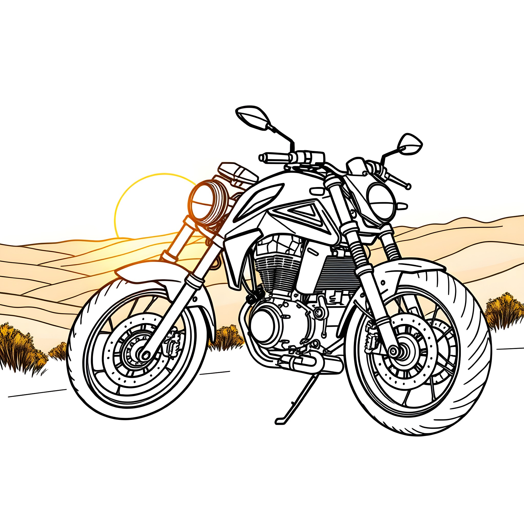 Motorbike riding through desert landscape Coloring Page (free black-and-white line drawing printable PDF for all, from beginners to advanced learners, including children, teens, adults, and seniors)