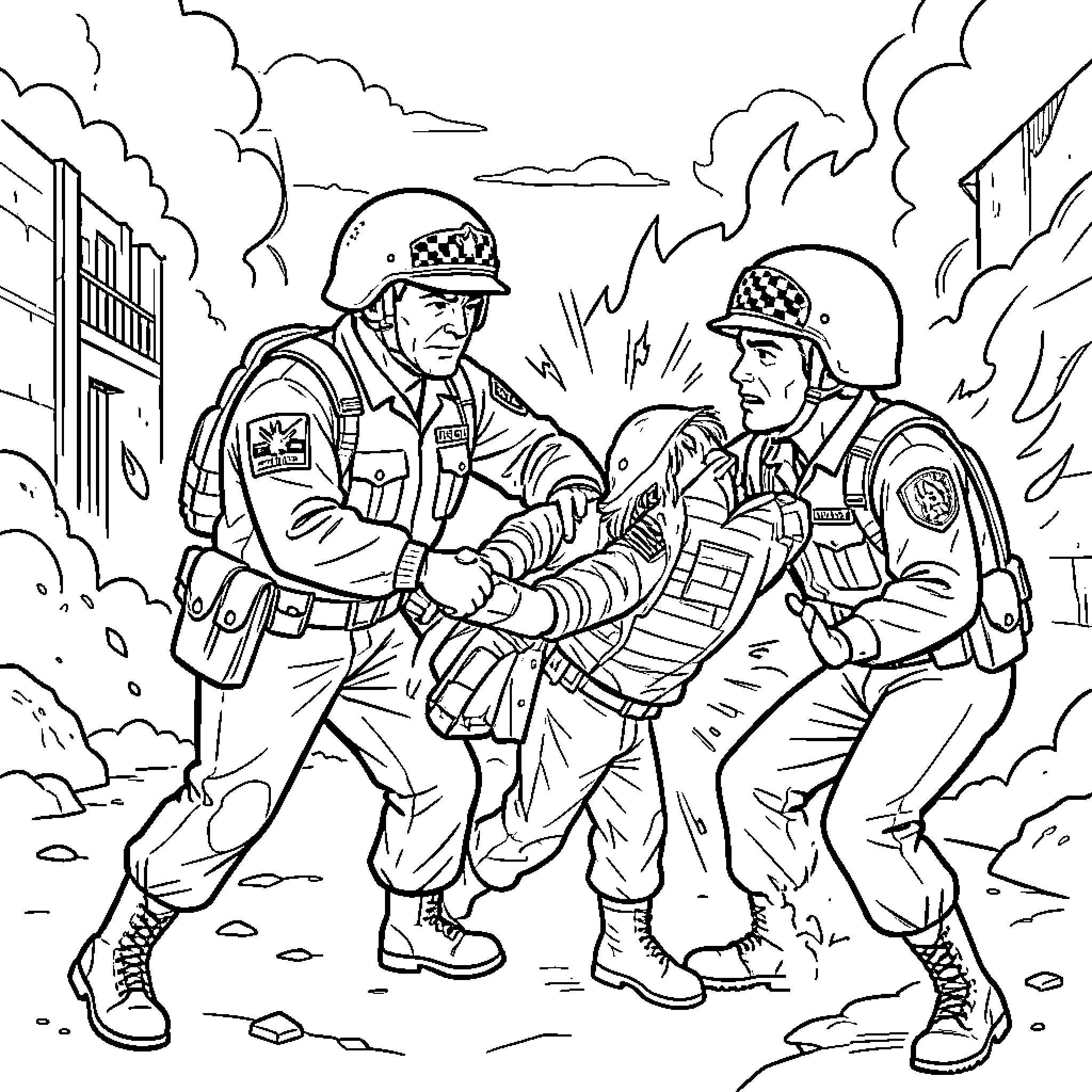 جاسوس يتم القبض عليه من قبل الجنود Coloring Page (free black-and-white line drawing printable PDF for all, from beginners to advanced learners, including children, teens, adults, and seniors)