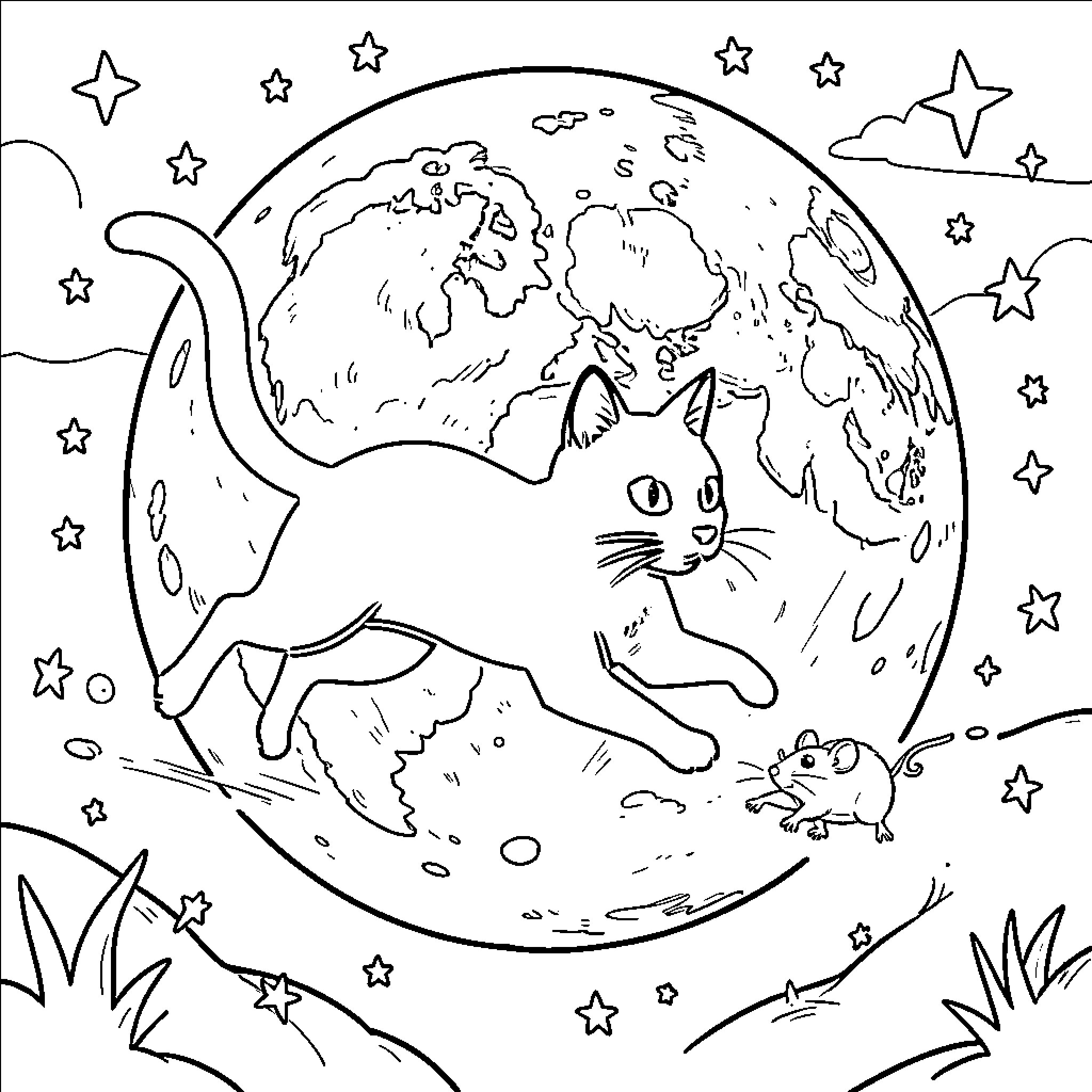 Gato explores the wondrous Earth under the starry sky Coloring Page (free black-and-white line drawing printable PDF for all, from beginners to advanced learners, including children, teens, adults, and seniors)