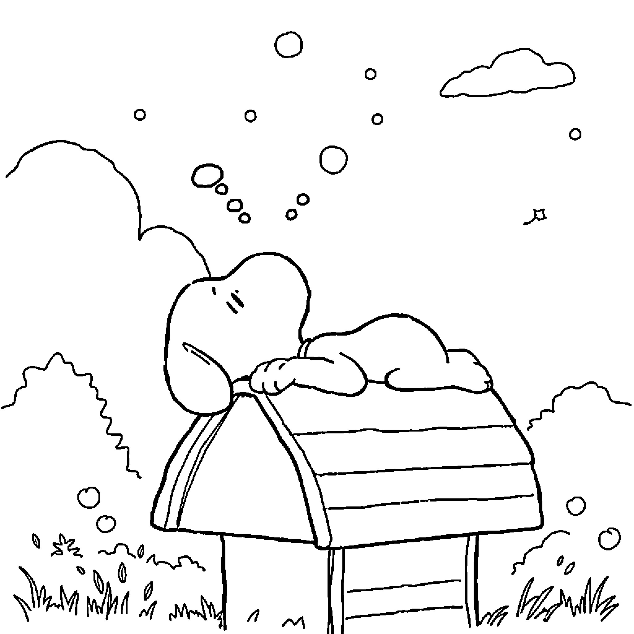 Snoopy napping on his dog house in the park Coloring Page (free black-and-white line drawing printable PDF for all, from beginners to advanced learners, including children, teens, adults, and seniors)