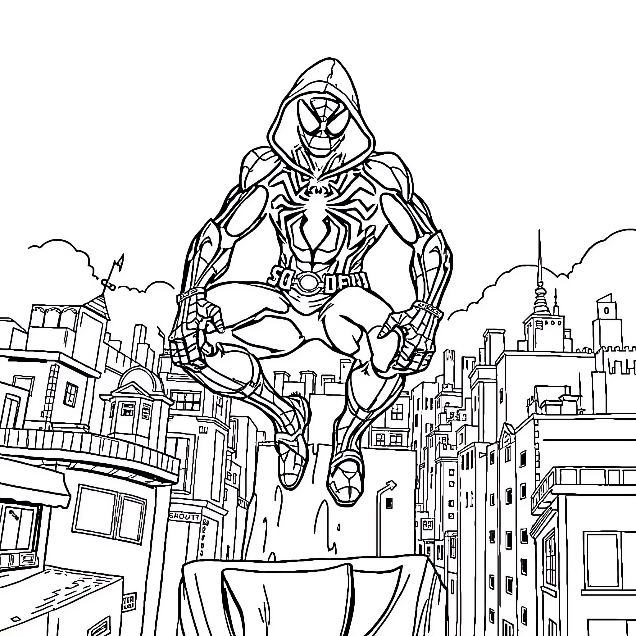 Spider-Man swinging through the city skyline Coloring Page (free black-and-white line drawing printable PDF for all, from beginners to advanced learners, including children, teens, adults, and seniors)