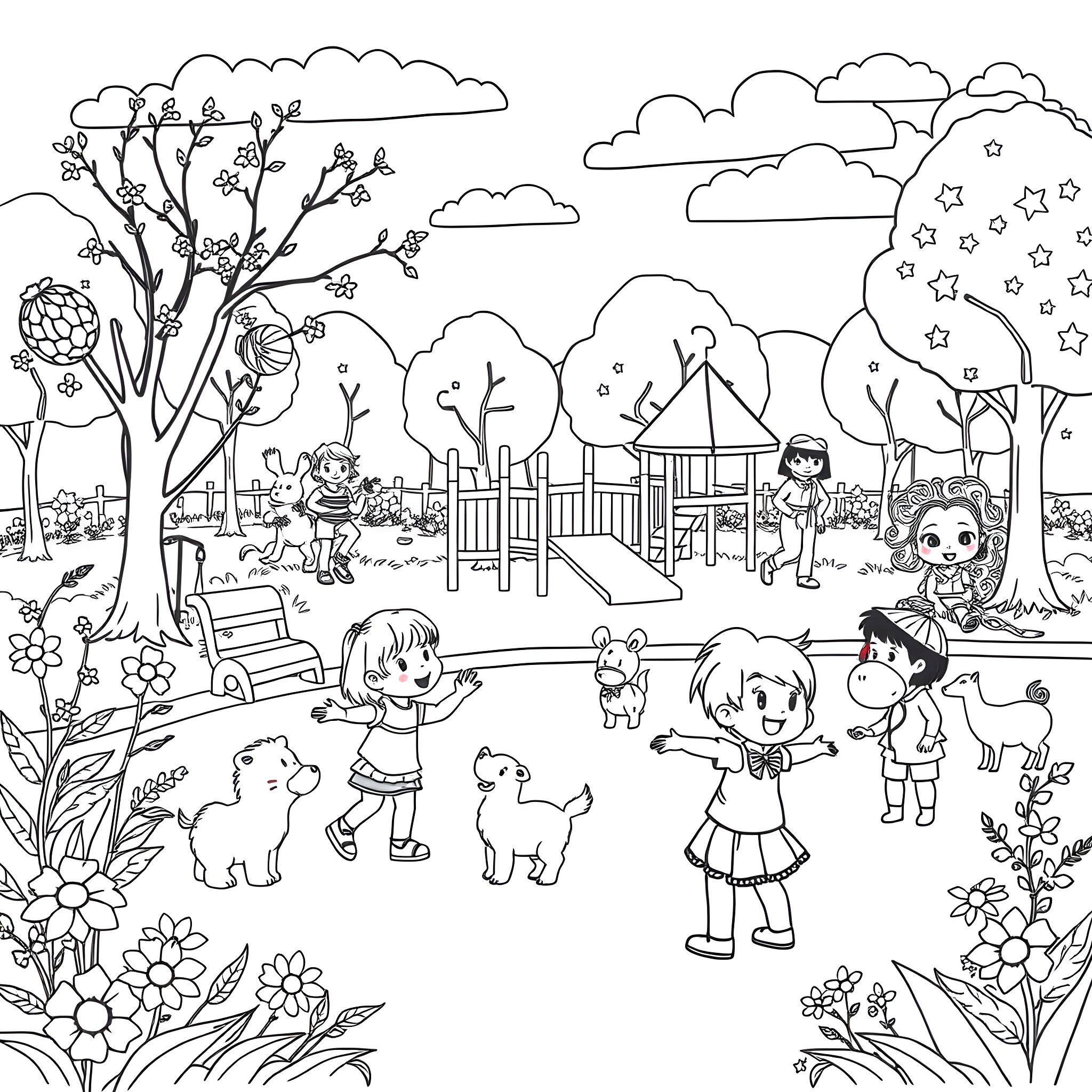 Children playing joyfully in the park Coloring Page (free black-and-white line drawing printable PDF for all, from beginners to advanced learners, including children, teens, adults, and seniors)