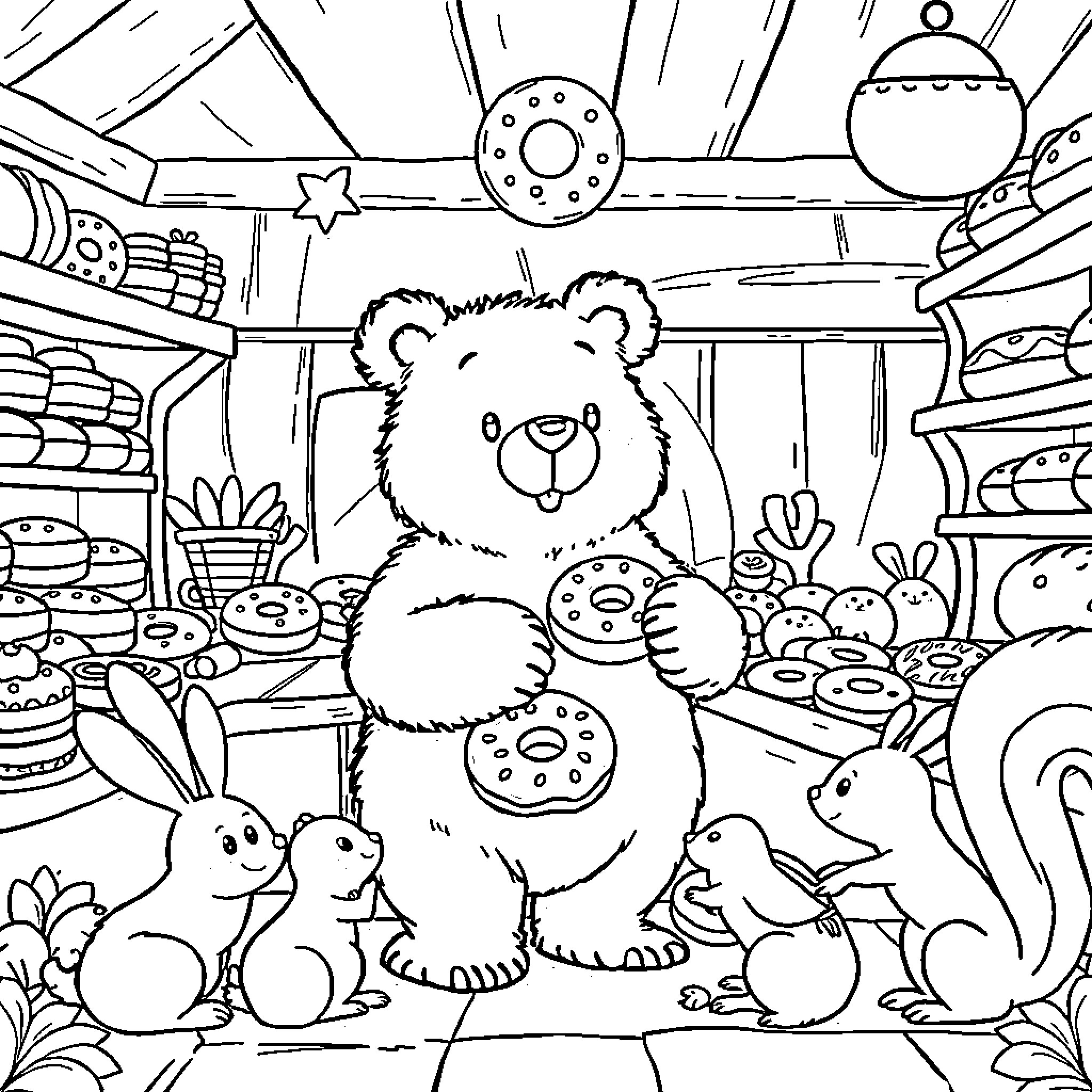 Bear enjoying sweet treats in cozy shop Coloring Page (free black-and-white line drawing printable PDF for all, from beginners to advanced learners, including children, teens, adults, and seniors)