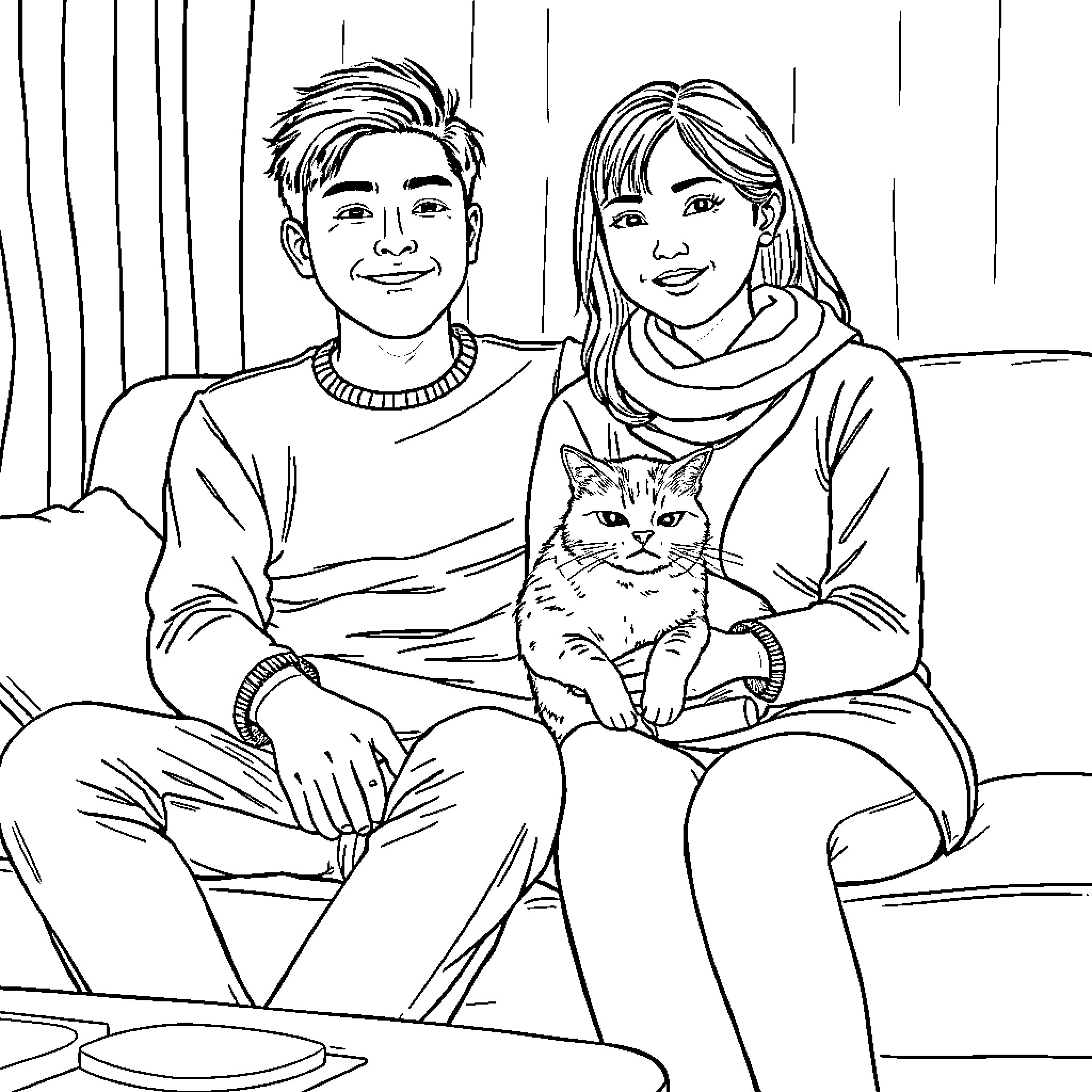 Cat and couple enjoying a cozy moment Coloring Page (free black-and-white line drawing printable PDF for all, from beginners to advanced learners, including children, teens, adults, and seniors)
