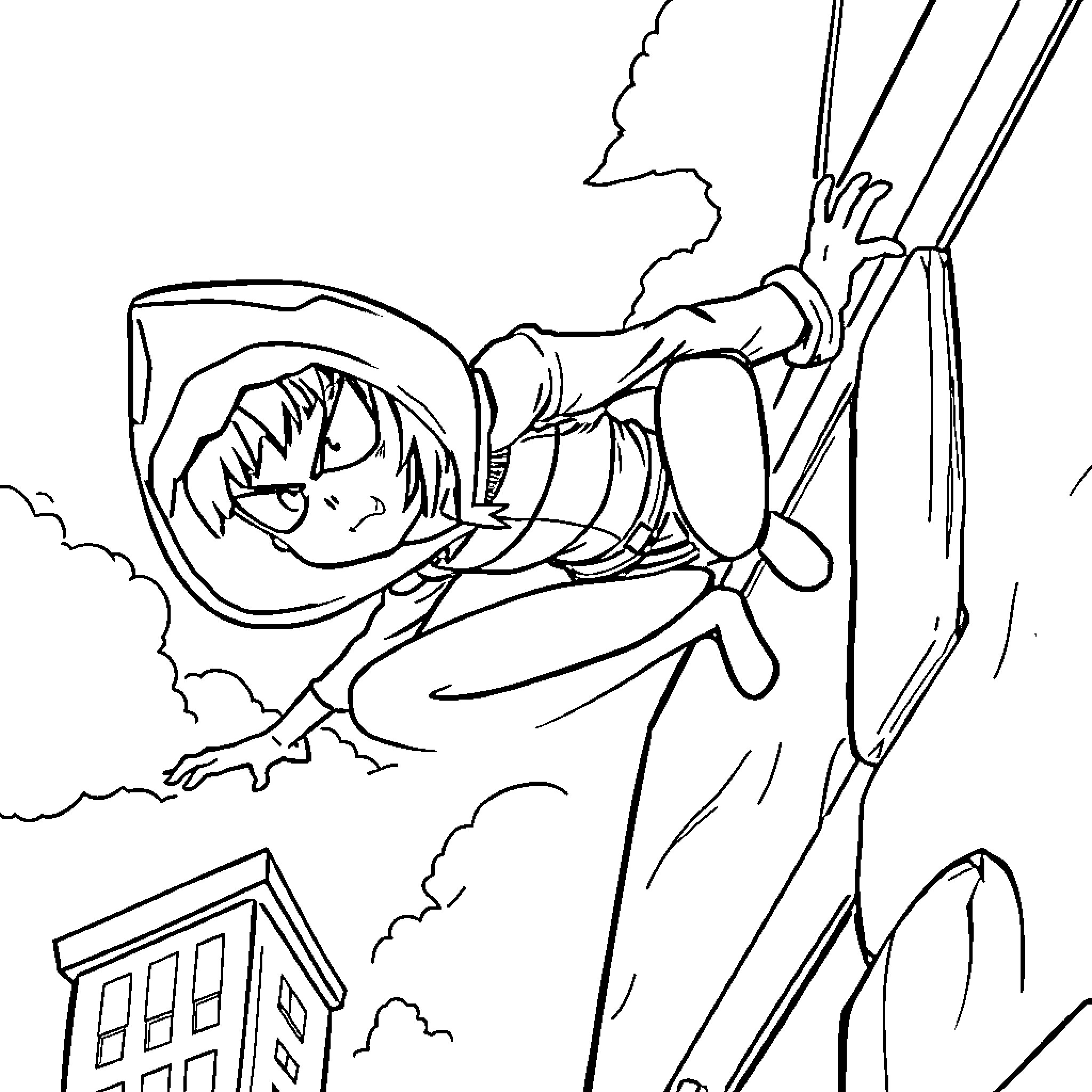 Kuromi scaling a skyscraper with determination Coloring Page (free black-and-white line drawing printable PDF for all, from beginners to advanced learners, including children, teens, adults, and seniors)