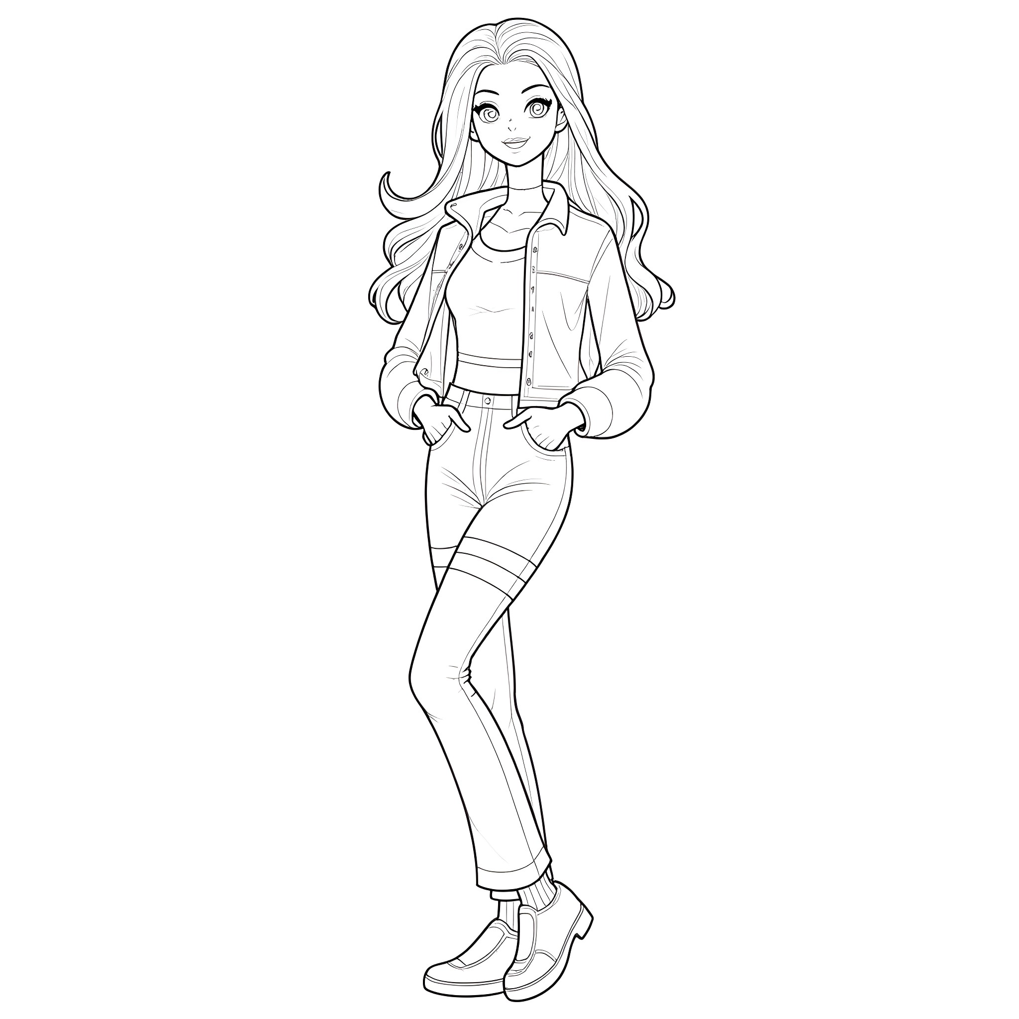 Anime Mommy Smiling in Casual Outfit Coloring Page (free black-and-white line drawing printable PDF for all, from beginners to advanced learners, including children, teens, adults, and seniors)