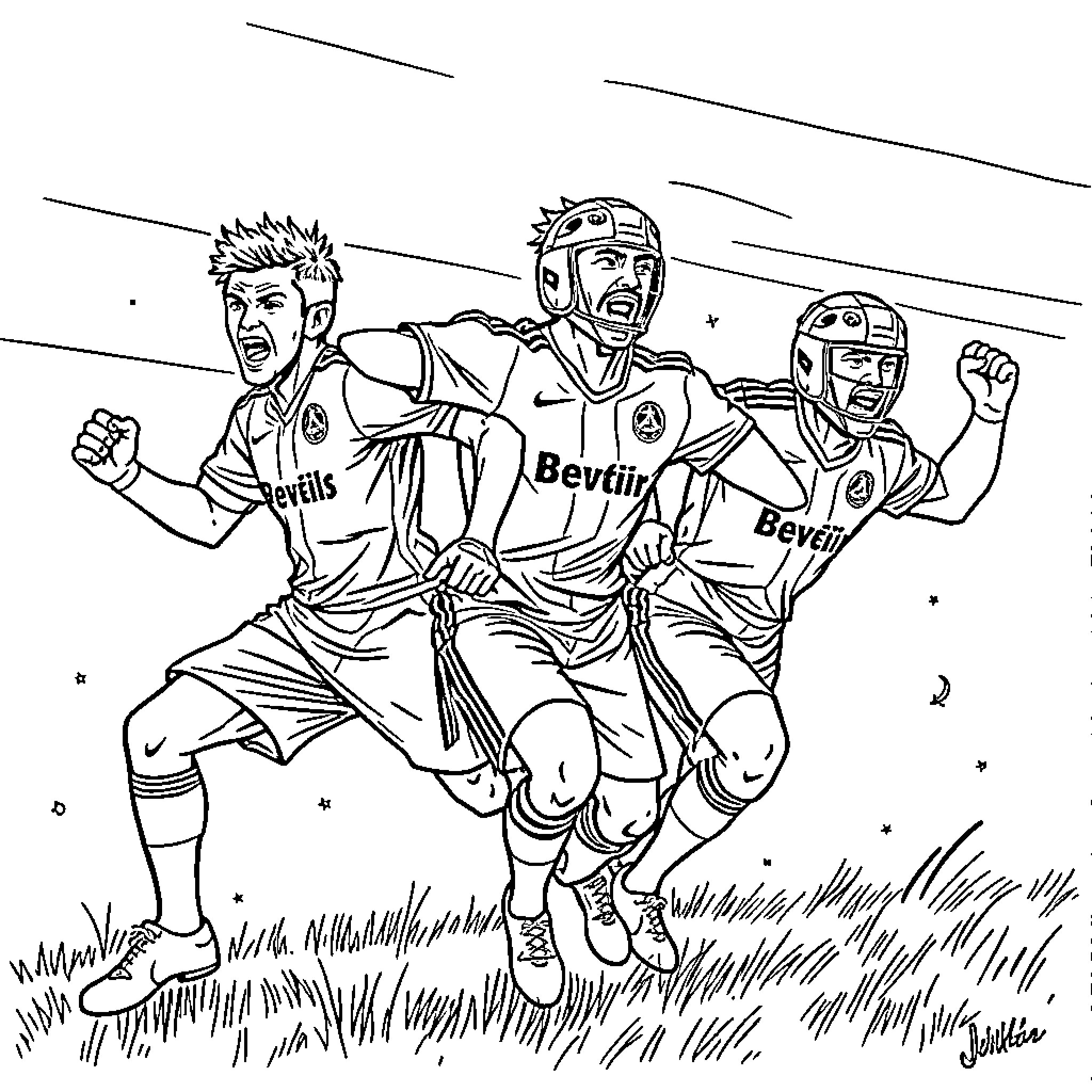 Spider-Man and Football Players in Action Coloring Page (free black-and-white line drawing printable PDF for all, from beginners to advanced learners, including children, teens, adults, and seniors)