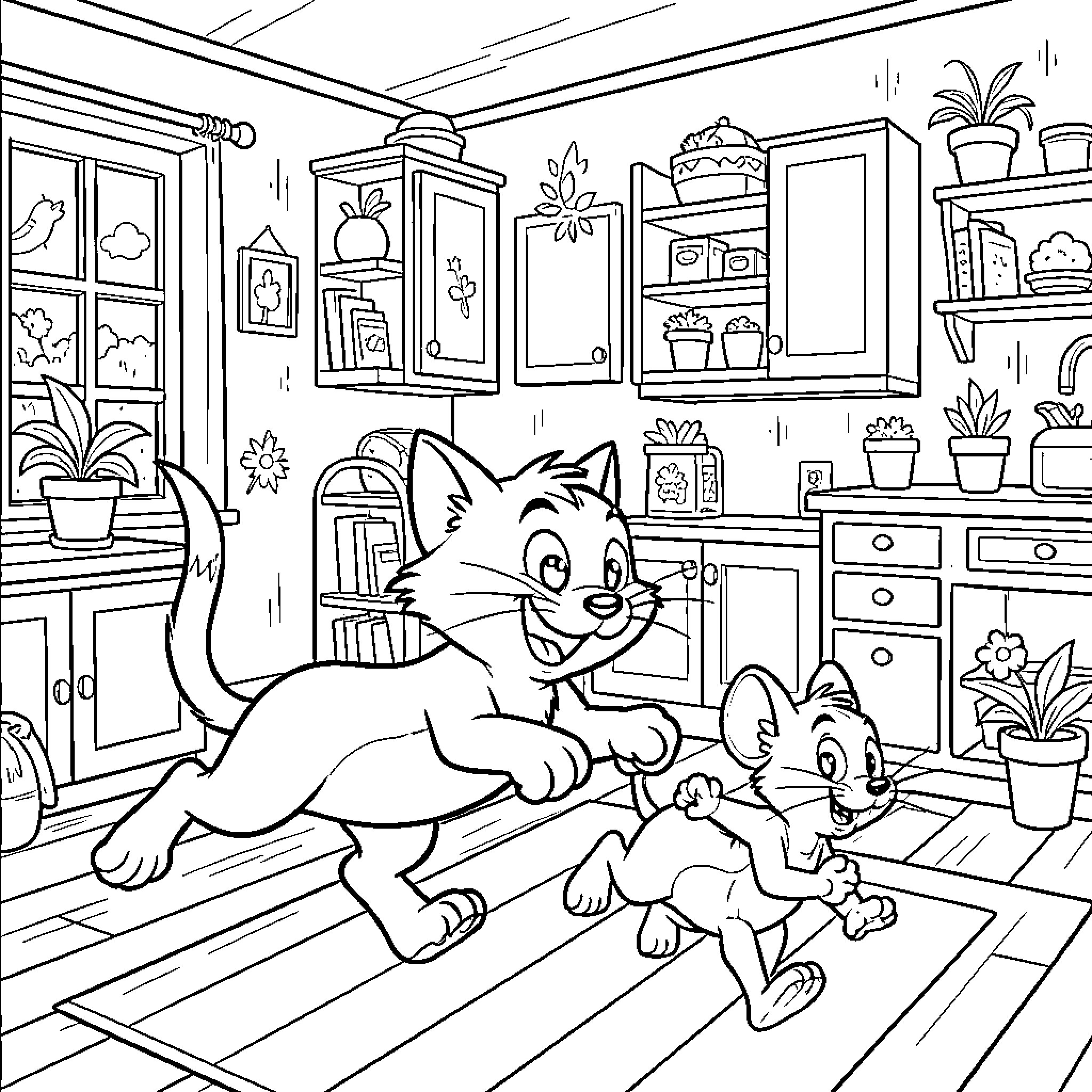 Tom and Jerry's Mischievous Adventures in the Kitchen Coloring Page (free black-and-white line drawing printable PDF for all, from beginners to advanced learners, including children, teens, adults, and seniors)
