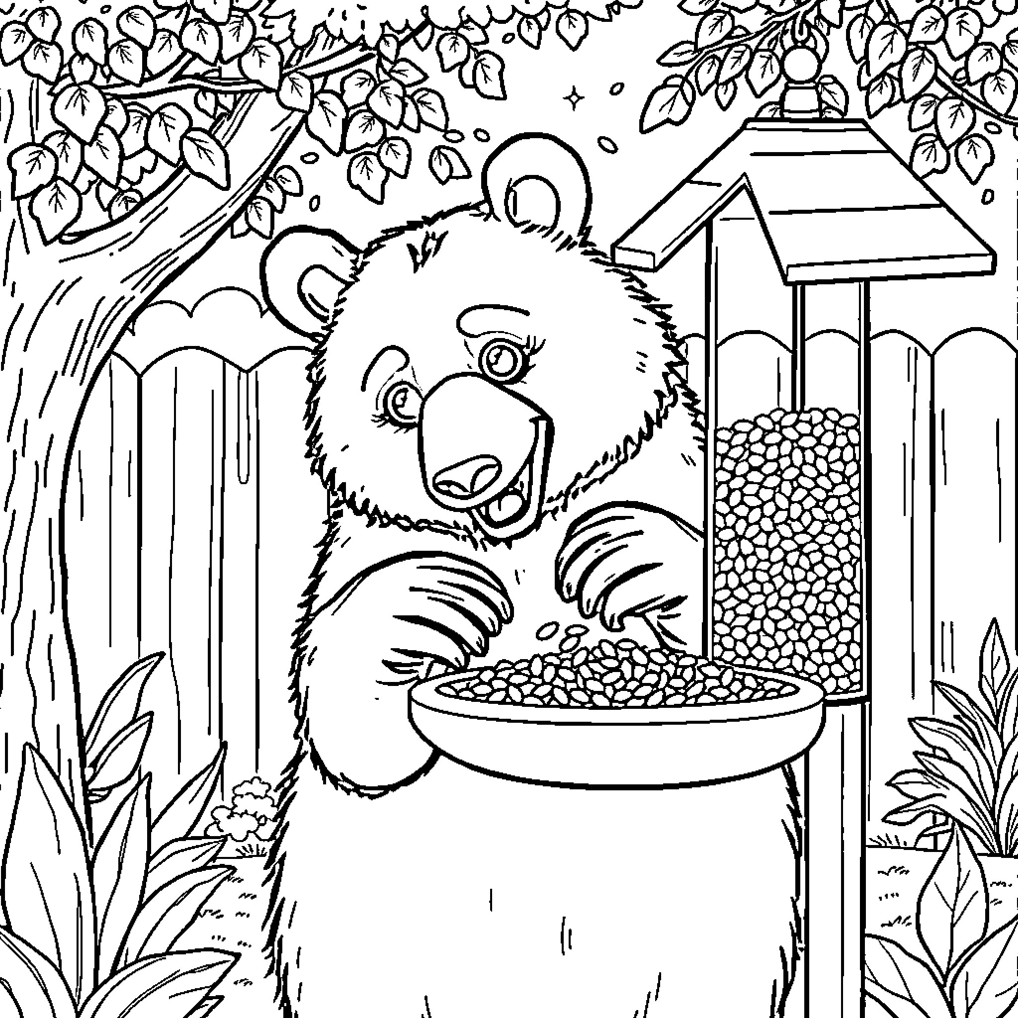Bear Enjoying a Meal at the Bird Feeder Coloring Page (free black-and-white line drawing printable PDF for all, from beginners to advanced learners, including children, teens, adults, and seniors)