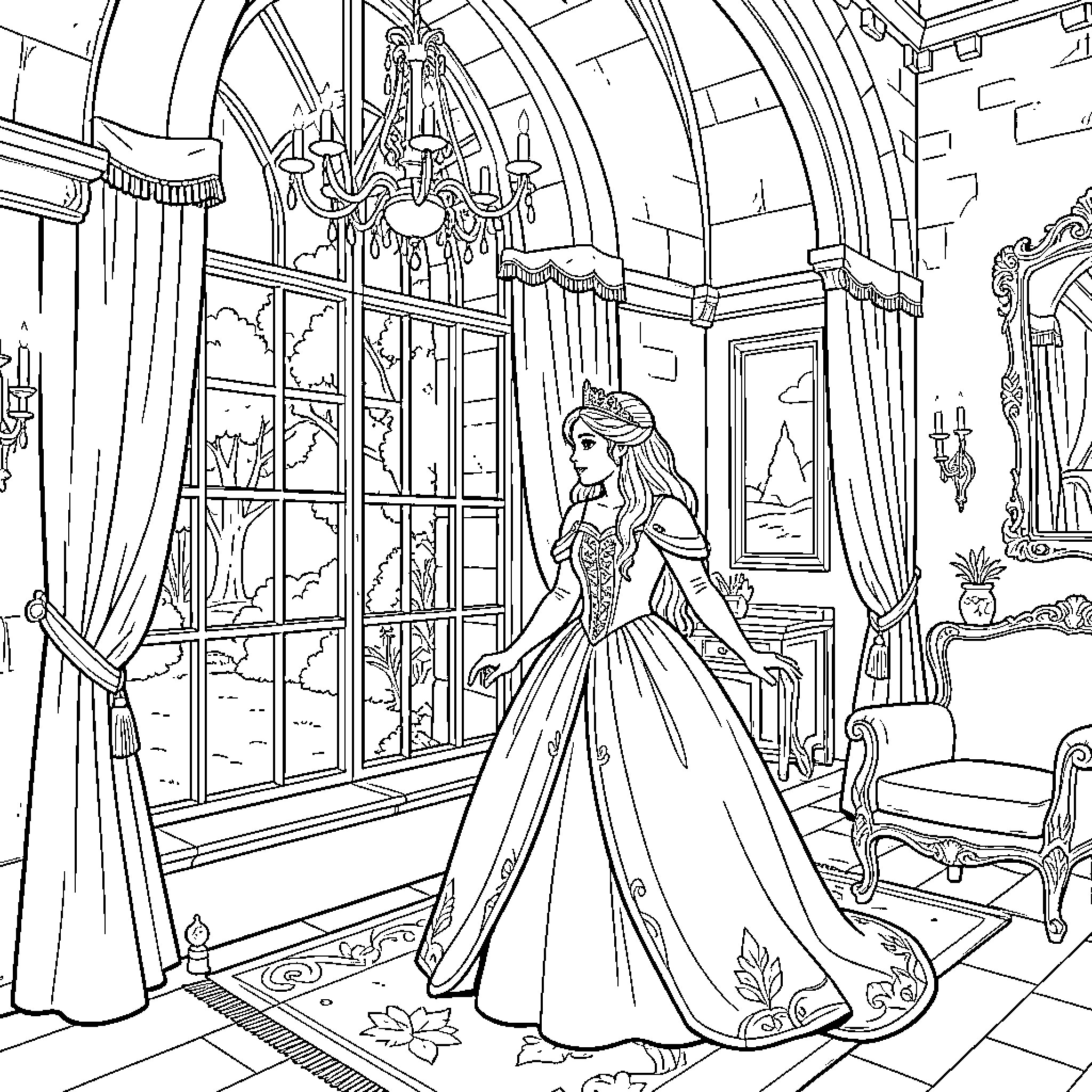Princess standing gracefully in a grand palace room Coloring Page (free black-and-white line drawing printable PDF for all, from beginners to advanced learners, including children, teens, adults, and seniors)