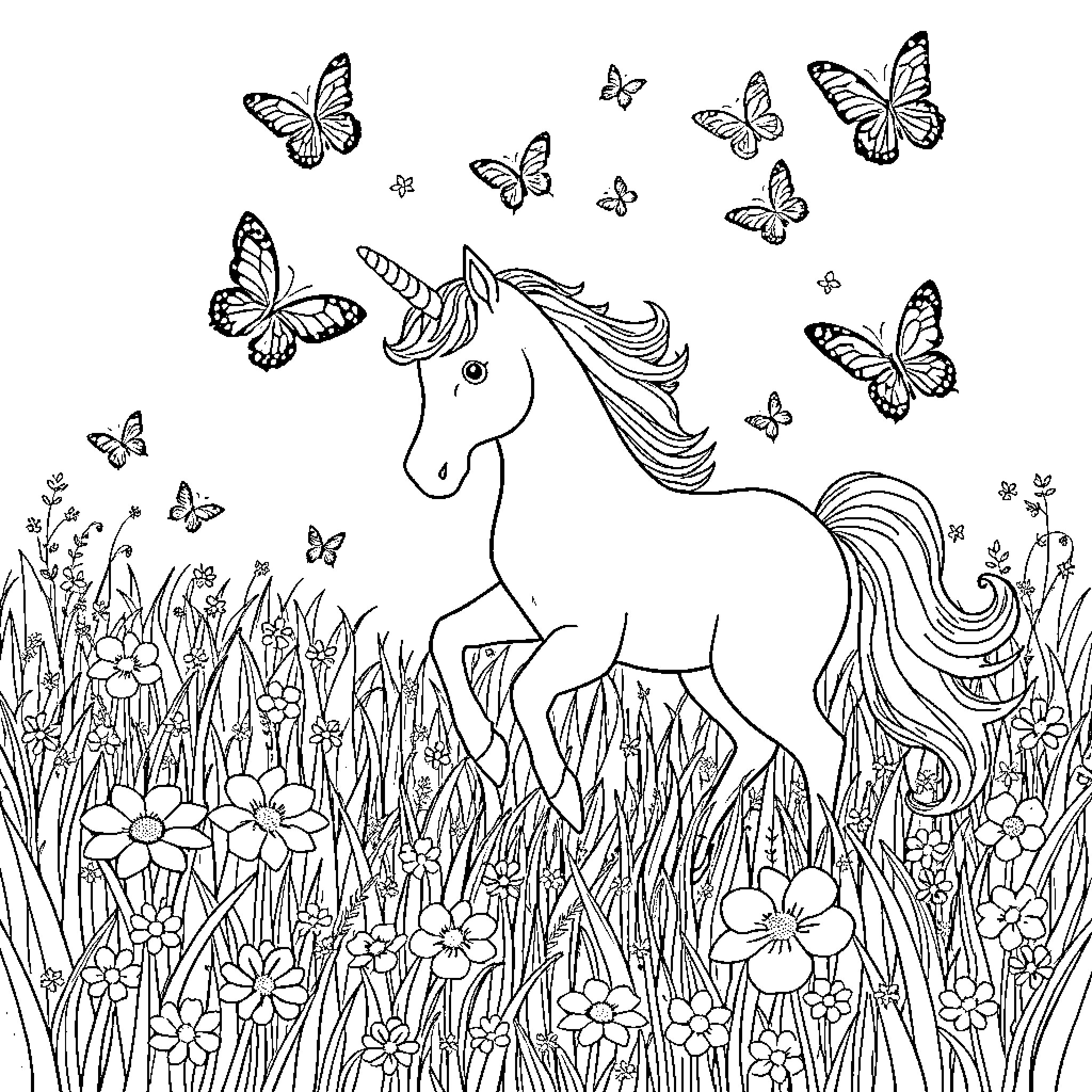 Unicorn surrounded by fluttering butterflies in a flowery meadow Coloring Page (free black-and-white line drawing printable PDF for all, from beginners to advanced learners, including children, teens, adults, and seniors)