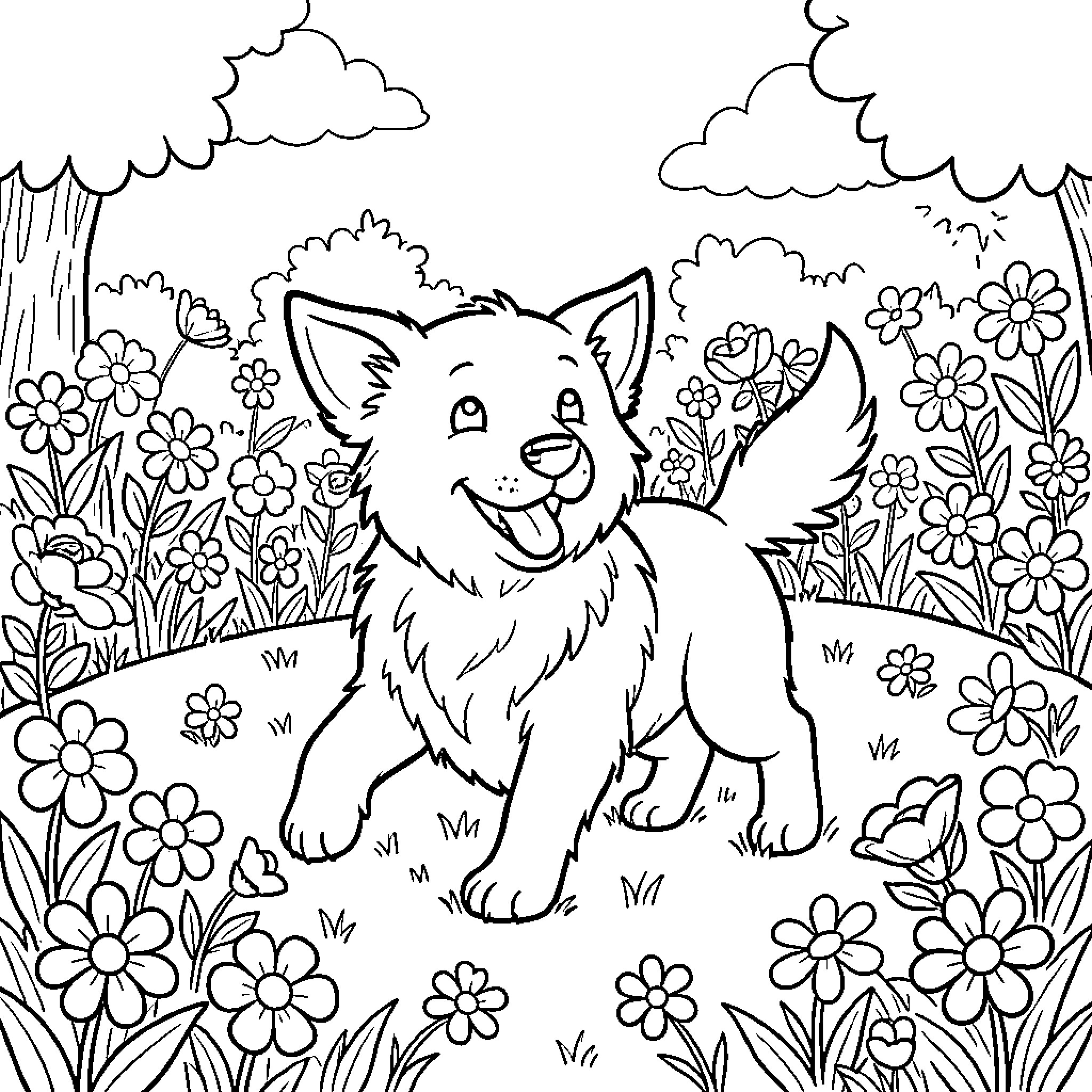 Dog playing happily in a flower garden Coloring Page (free black-and-white line drawing printable PDF for all, from beginners to advanced learners, including children, teens, adults, and seniors)