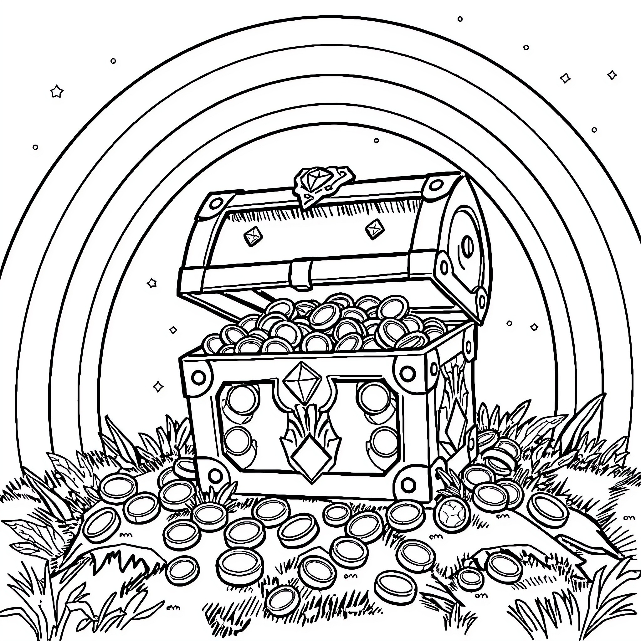 Treasure Chest Overflowing with Riches in the Wilderness Coloring Page (free black-and-white line drawing printable PDF for all, from beginners to advanced learners, including children, teens, adults, and seniors)