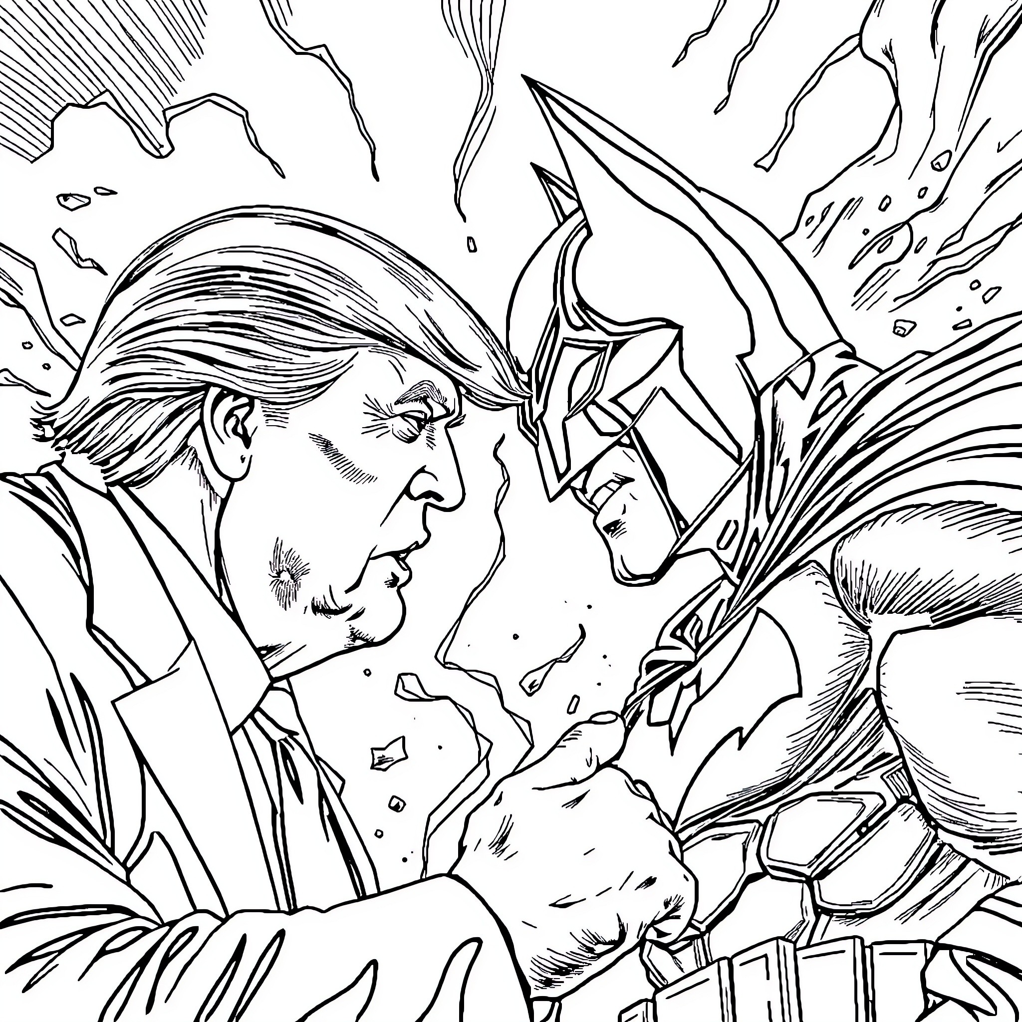 Donald Trump Confronted by Fierce Creature Coloring Page (free black-and-white line drawing printable PDF for all, from beginners to advanced learners, including children, teens, adults, and seniors)