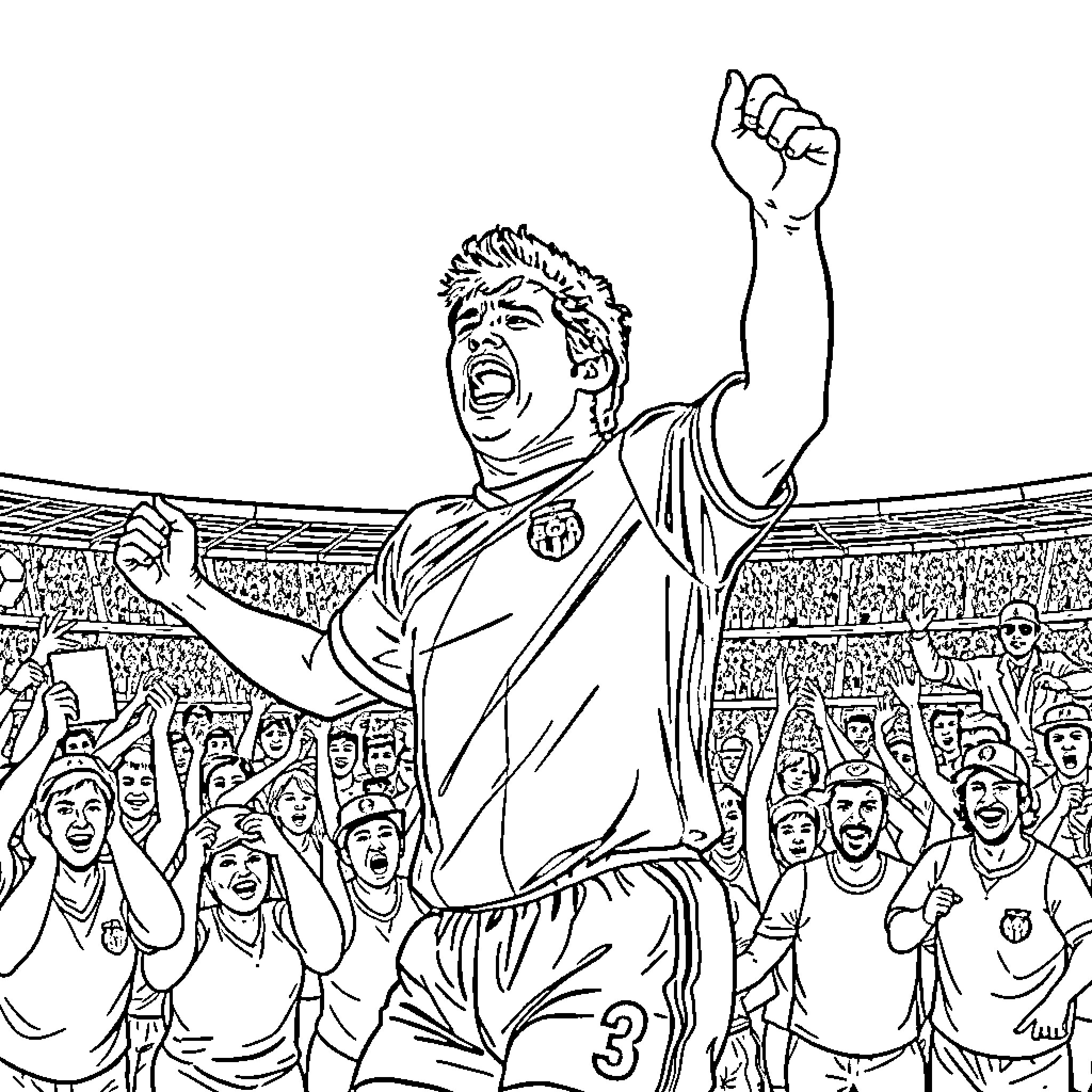 Maradona's iconic celebration in a packed stadium Coloring Page (free black-and-white line drawing printable PDF for all, from beginners to advanced learners, including children, teens, adults, and seniors)