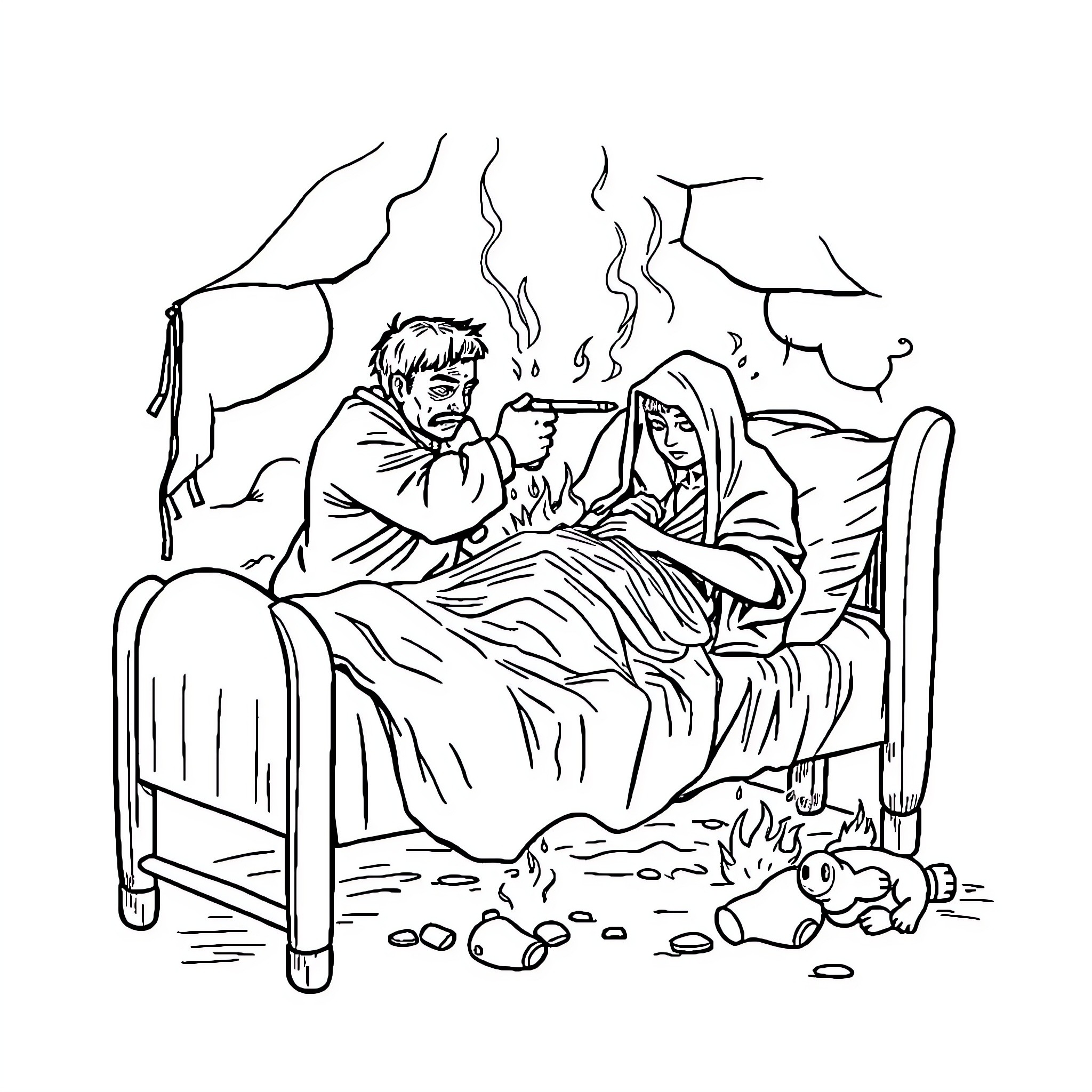 Zancudo Couple Huddled by Fireplace Coloring Page (free black-and-white line drawing printable PDF for all, from beginners to advanced learners, including children, teens, adults, and seniors)