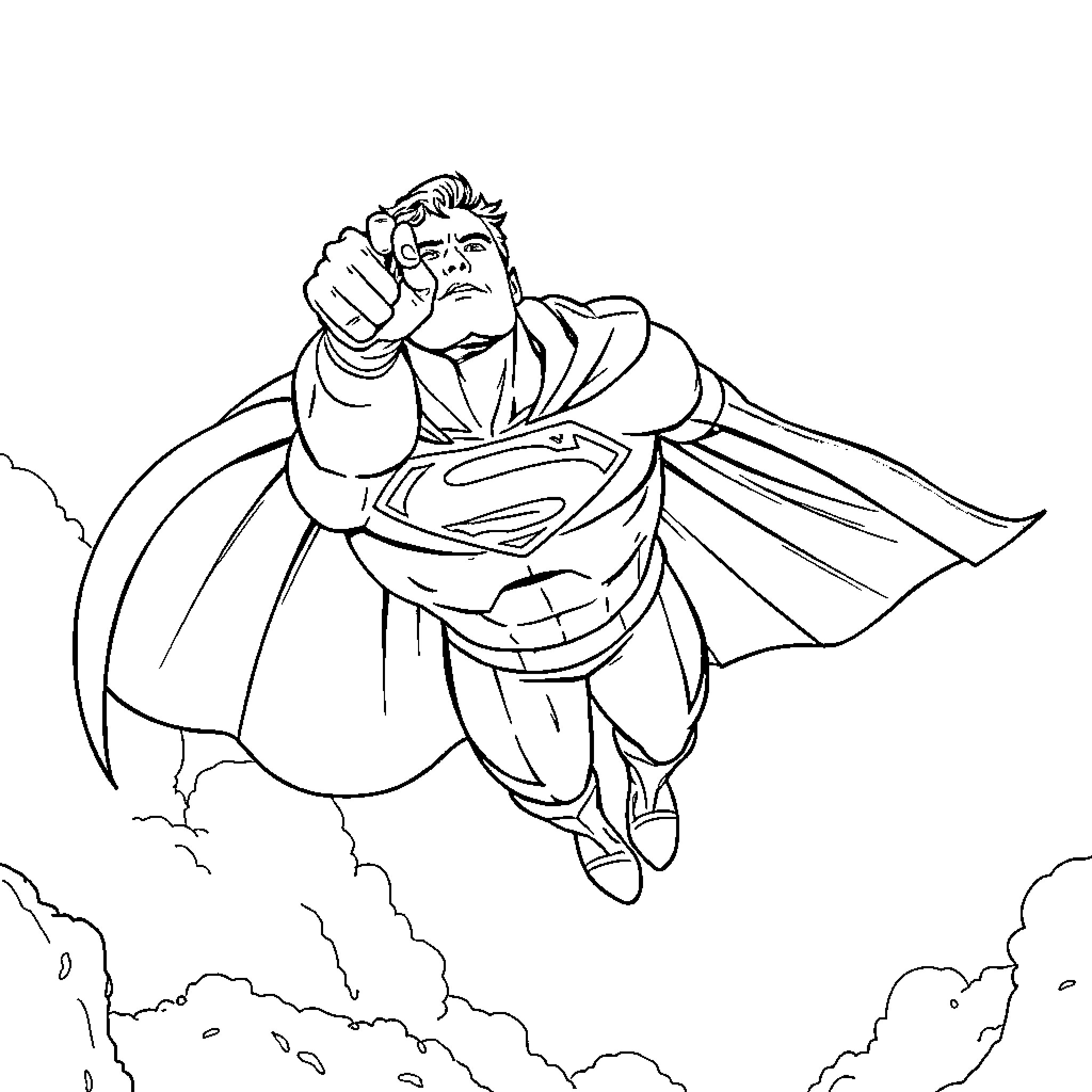 Superman soaring through the sky Coloring Page (free black-and-white line drawing printable PDF for all, from beginners to advanced learners, including children, teens, adults, and seniors)