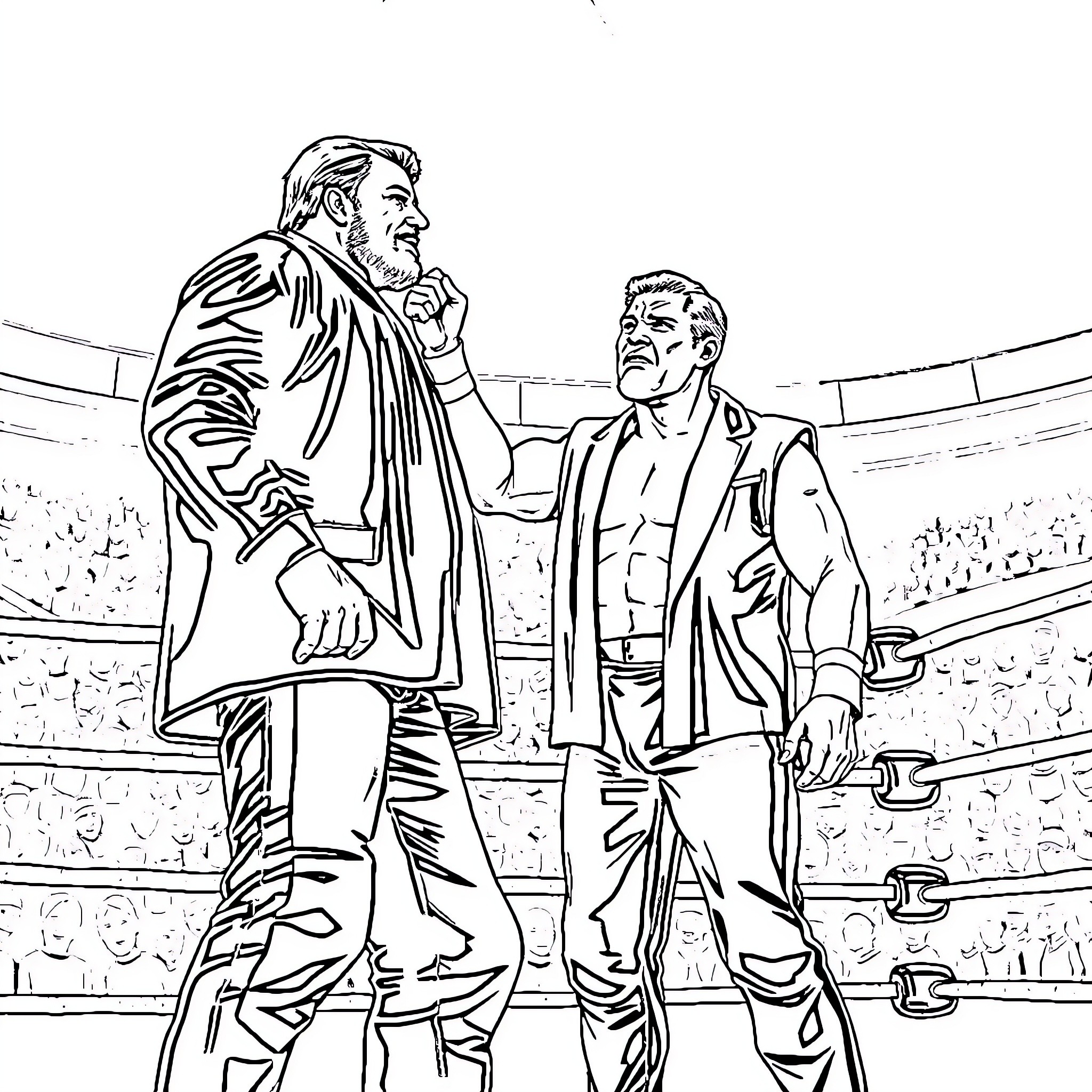 Chris Benoit and colleague in wrestling match Coloring Page (free black-and-white line drawing printable PDF for all, from beginners to advanced learners, including children, teens, adults, and seniors)