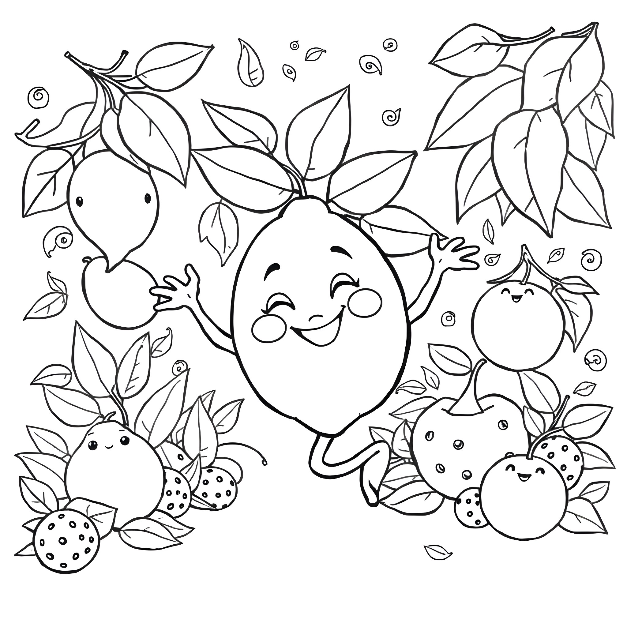 Lemon friends in a whimsical garden Coloring Page (free black-and-white line drawing printable PDF for all, from beginners to advanced learners, including children, teens, adults, and seniors)