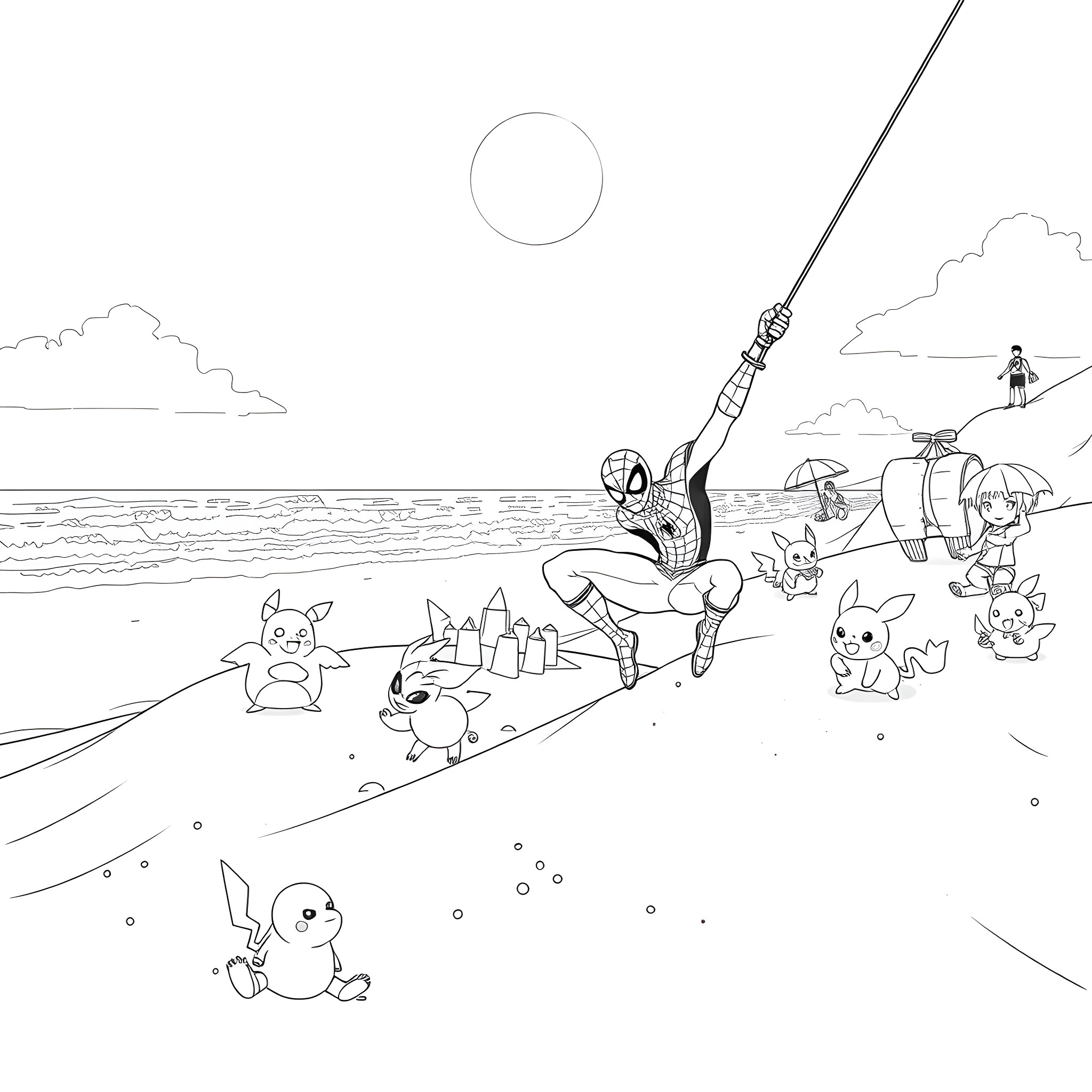 Spiderman swinging with Pokemon companions on the beach Coloring Page (free black-and-white line drawing printable PDF for all, from beginners to advanced learners, including children, teens, adults, and seniors)