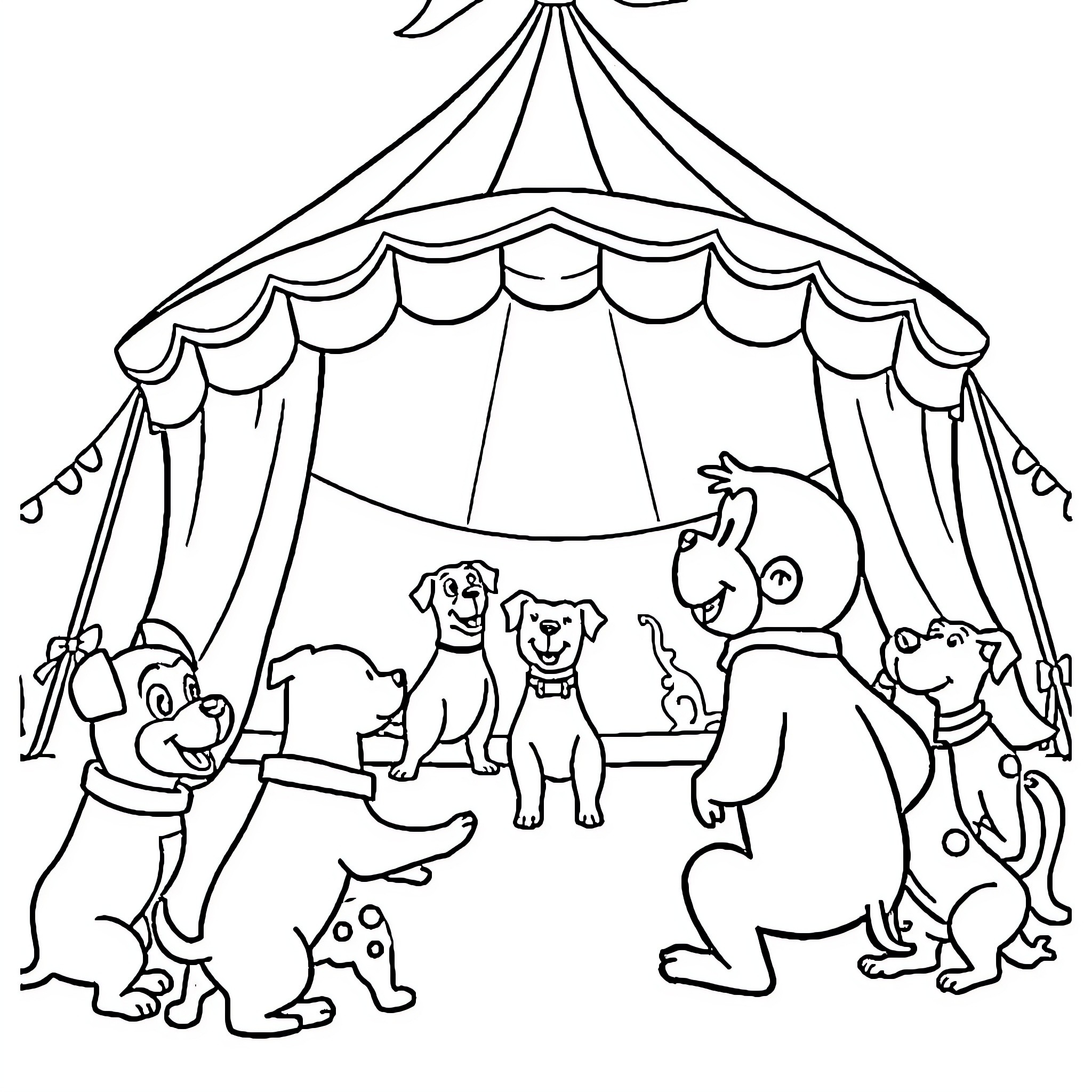 Dog performers entertaining in a circus tent Coloring Page (free black-and-white line drawing printable PDF for all, from beginners to advanced learners, including children, teens, adults, and seniors)