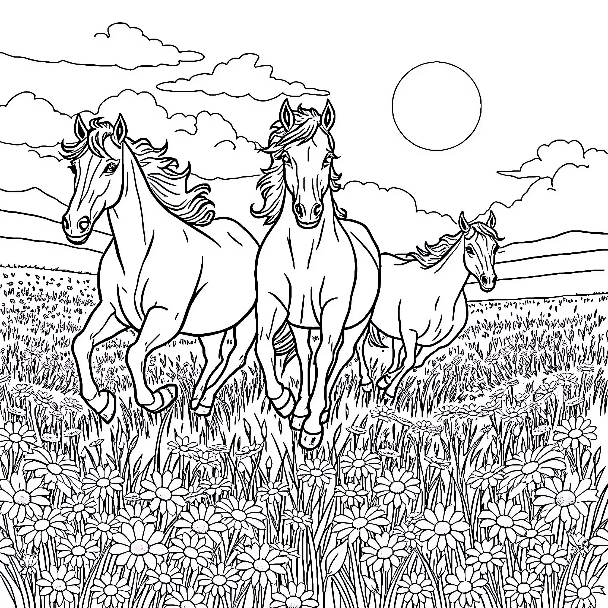 Horse Herd Running Across a Flowery Field Coloring Page (free black-and-white line drawing printable PDF for all, from beginners to advanced learners, including children, teens, adults, and seniors)