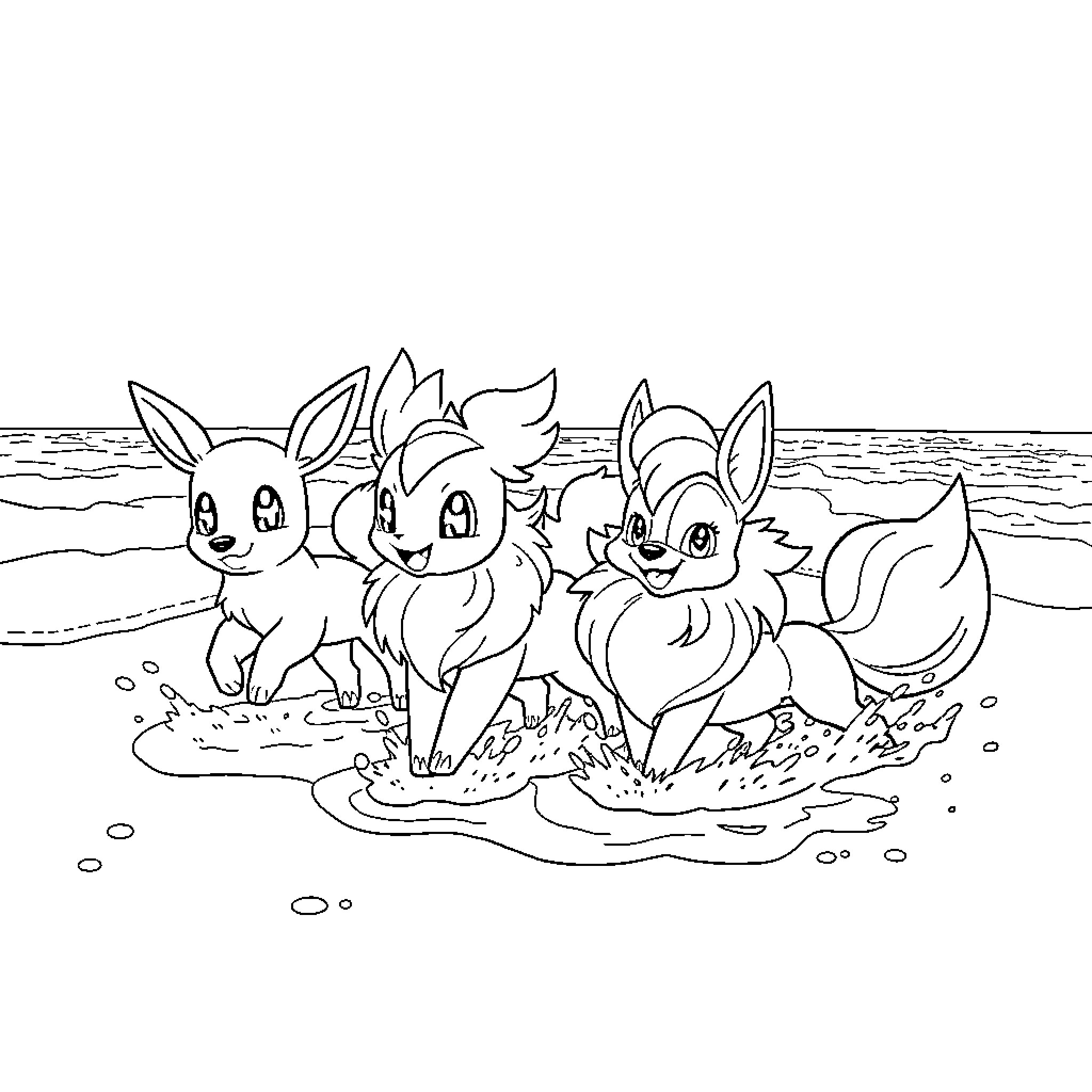 Eevee and Friends Playing in the Surf Coloring Page (free black-and-white line drawing printable PDF for all, from beginners to advanced learners, including children, teens, adults, and seniors)