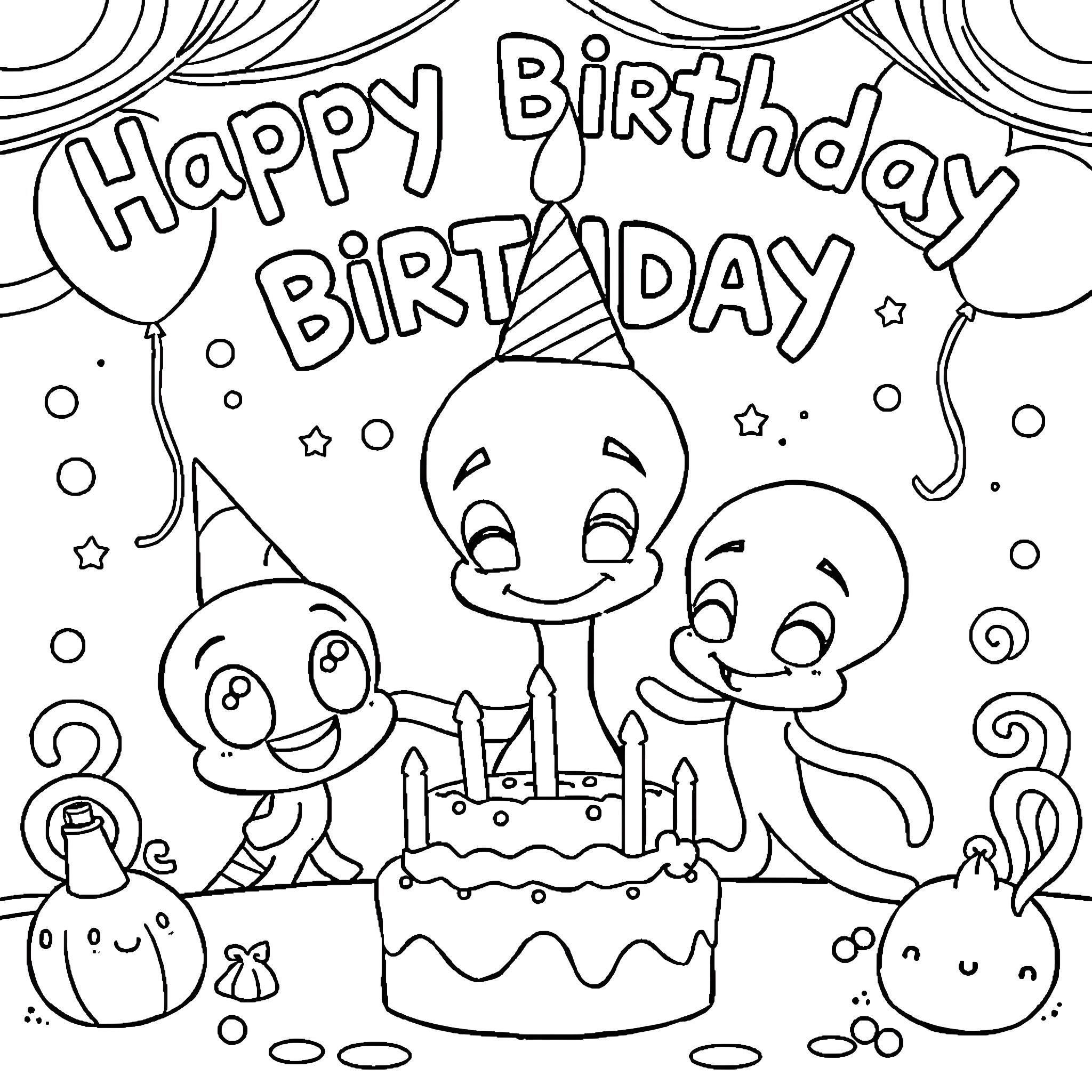 Squid Game characters celebrate a birthday party Coloring Page (free black-and-white line drawing printable PDF for all, from beginners to advanced learners, including children, teens, adults, and seniors)