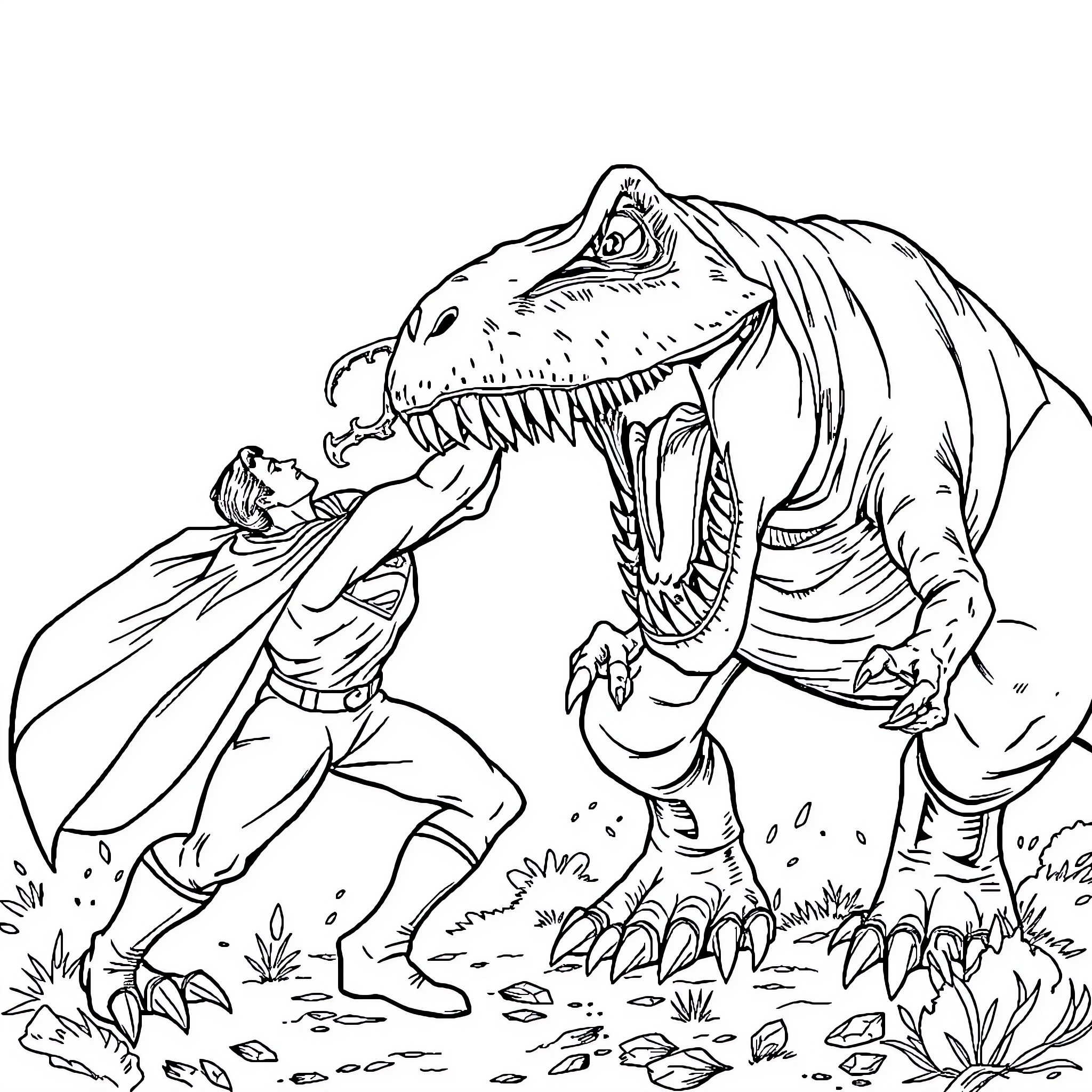 Superman battles a ferocious dinosaur in the wild Coloring Page (free black-and-white line drawing printable PDF for all, from beginners to advanced learners, including children, teens, adults, and seniors)