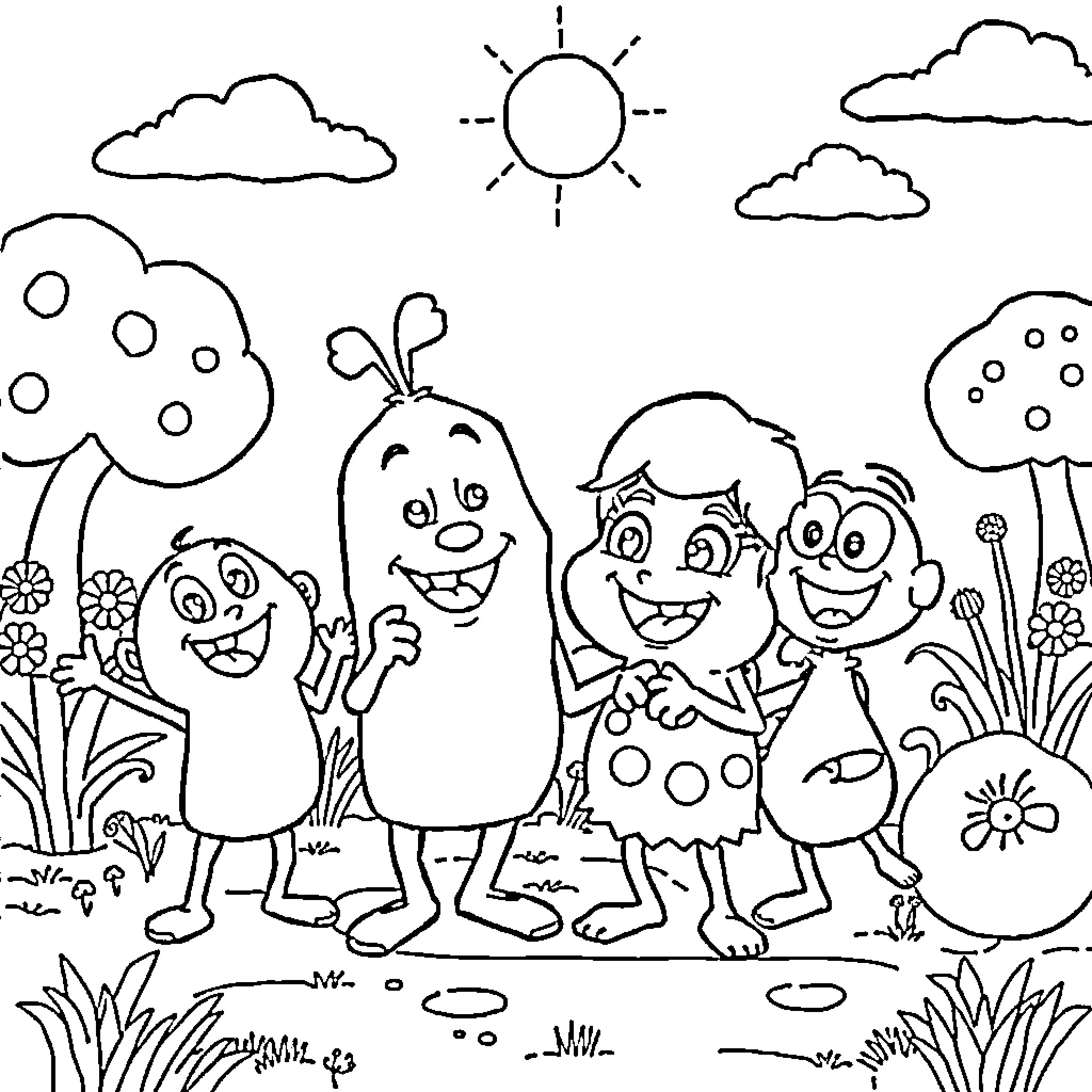 Gabby and Friends Enjoy the Outdoors Coloring Page (free black-and-white line drawing printable PDF for all, from beginners to advanced learners, including children, teens, adults, and seniors)