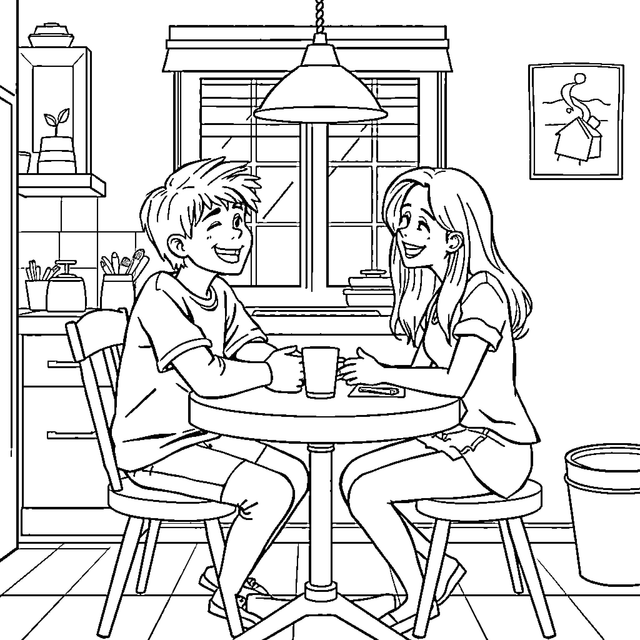 Teenagers enjoying coffee and conversation in cozy cafe Coloring Page (free black-and-white line drawing printable PDF for all, from beginners to advanced learners, including children, teens, adults, and seniors)