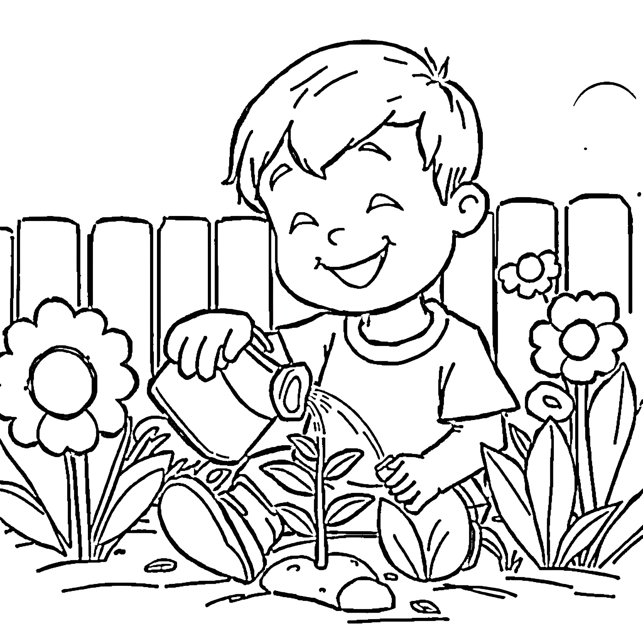 Kid playing happily in the garden Coloring Page (free black-and-white line drawing printable PDF for all, from beginners to advanced learners, including children, teens, adults, and seniors)