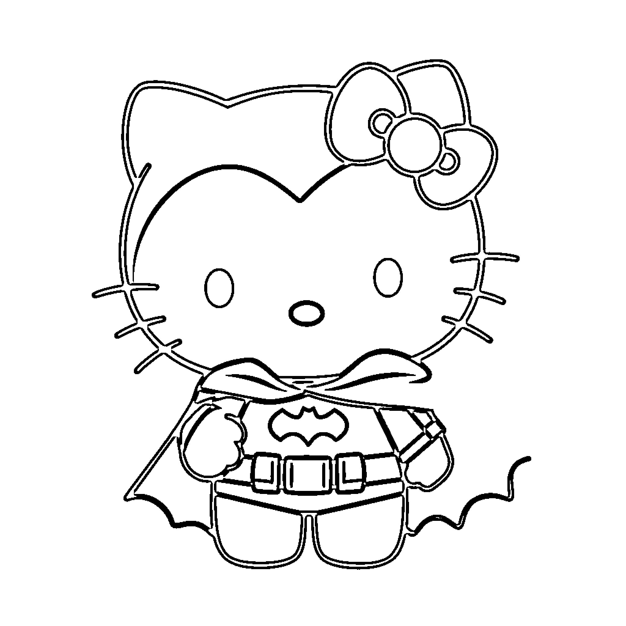 Hello Kitty Dressed as a Superhero Coloring Page (free black-and-white line drawing printable PDF for all, from beginners to advanced learners, including children, teens, adults, and seniors)