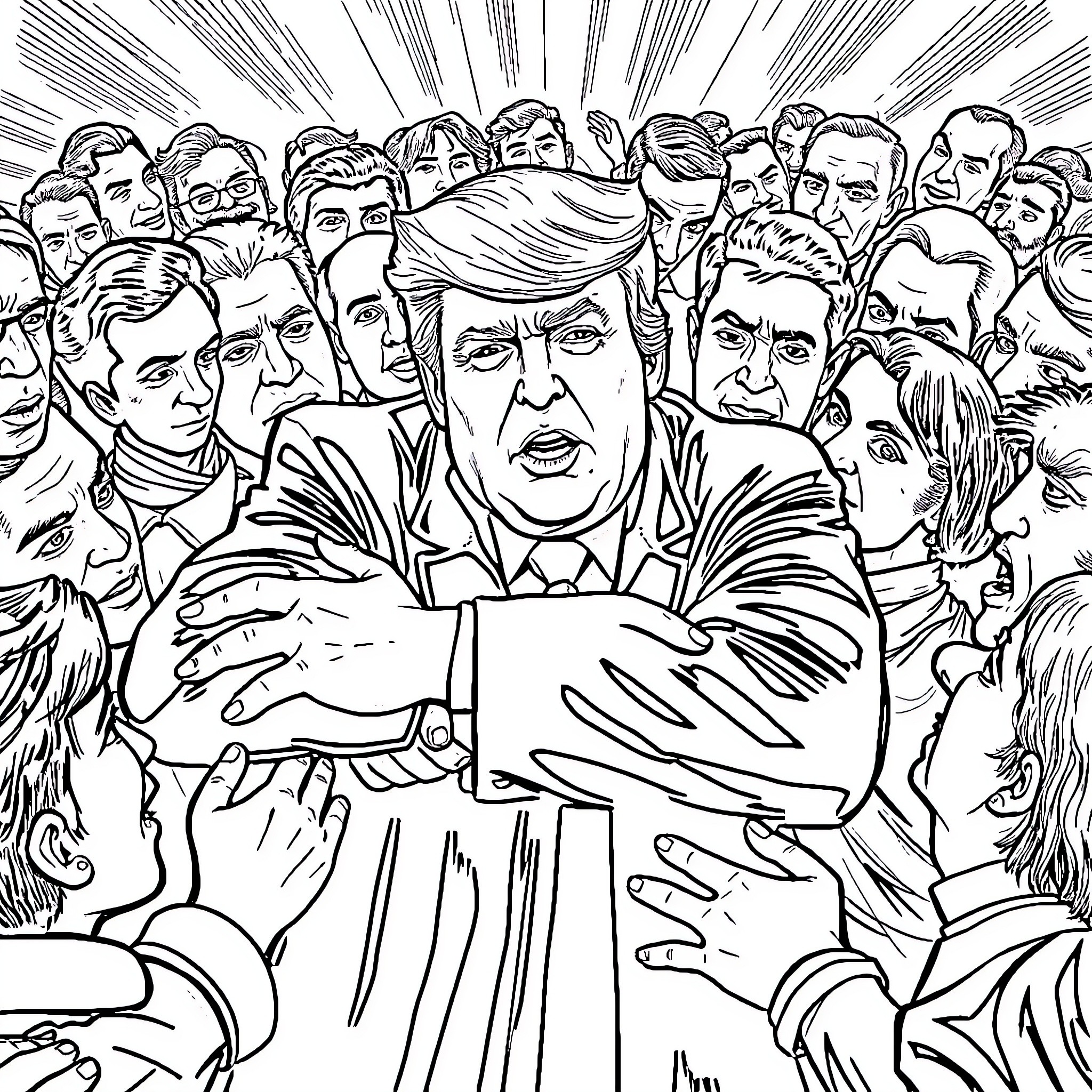 Donald Trump Surrounded by Spectators in Black and White Coloring Page (free black-and-white line drawing printable PDF for all, from beginners to advanced learners, including children, teens, adults, and seniors)