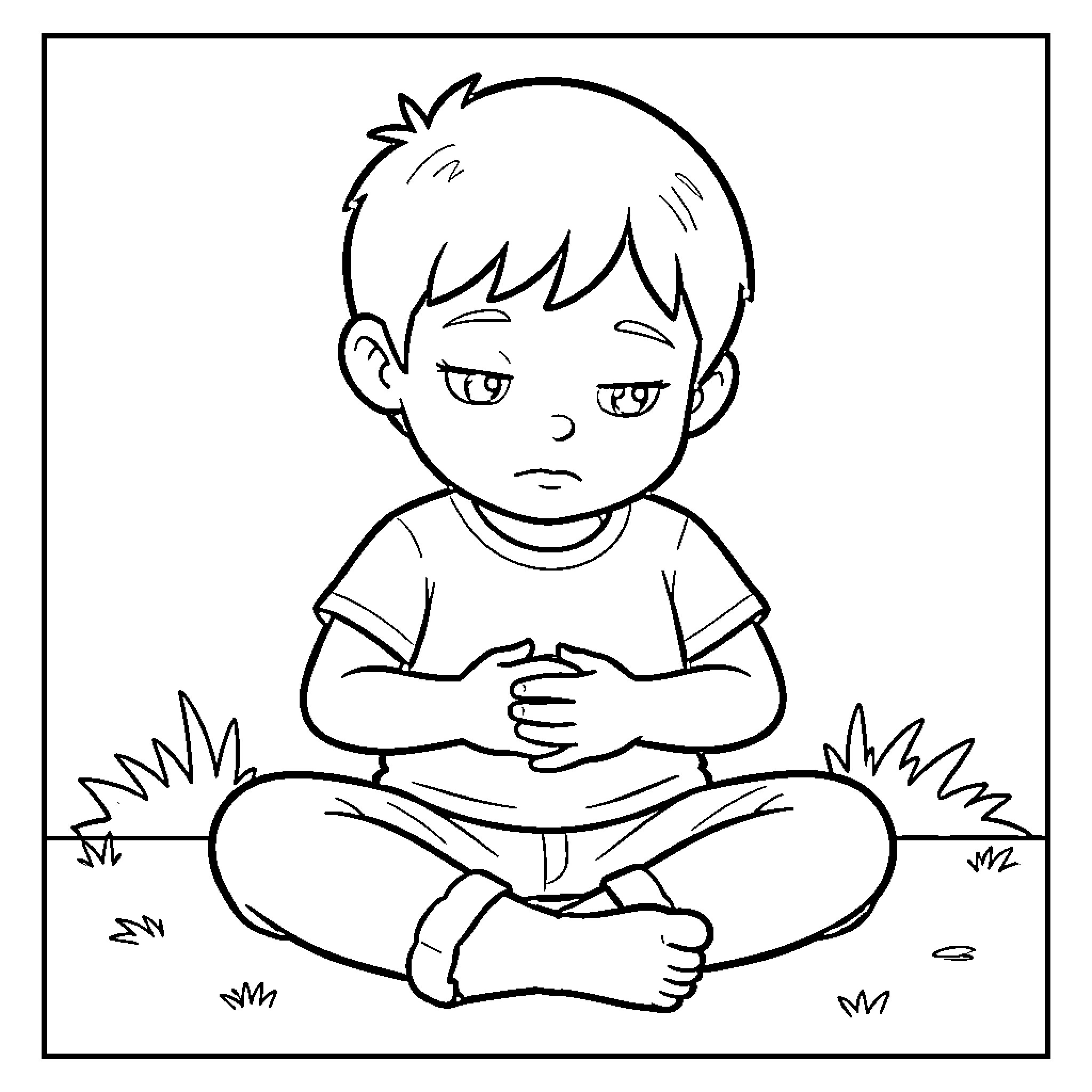 Child sitting cross-legged with a sad expression Coloring Page (free black-and-white line drawing printable PDF for all, from beginners to advanced learners, including children, teens, adults, and seniors)