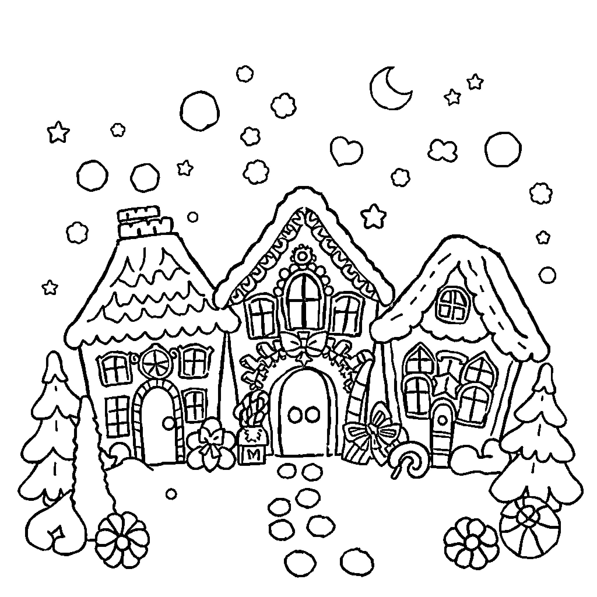 Gingerbread Houses and Winter Wonderland Coloring Page (free black-and-white line drawing printable PDF for all, from beginners to advanced learners, including children, teens, adults, and seniors)